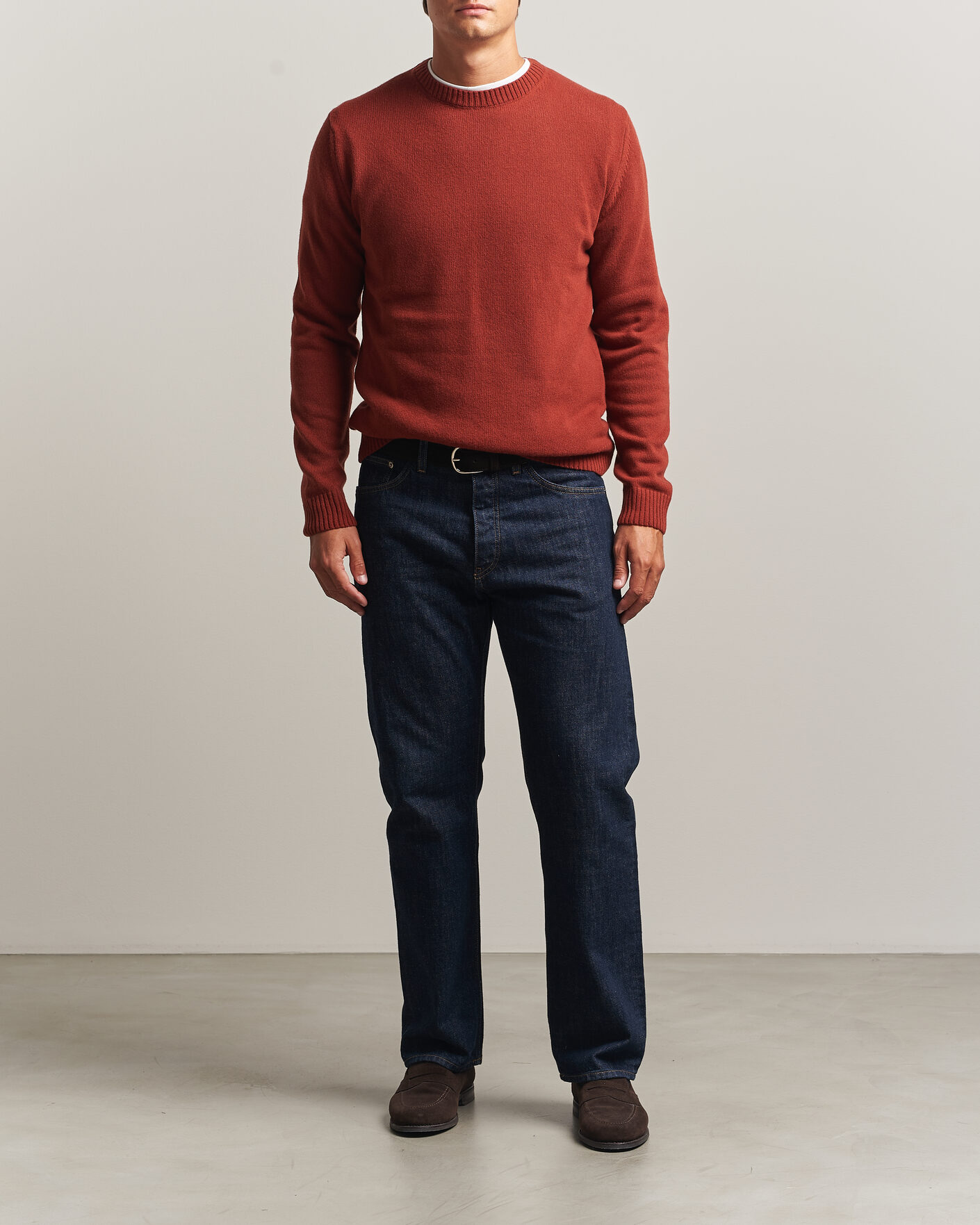 Men | Sweaters & Knitwear | Stenströms | Brushed Merino Crew Neck Burnt Orange