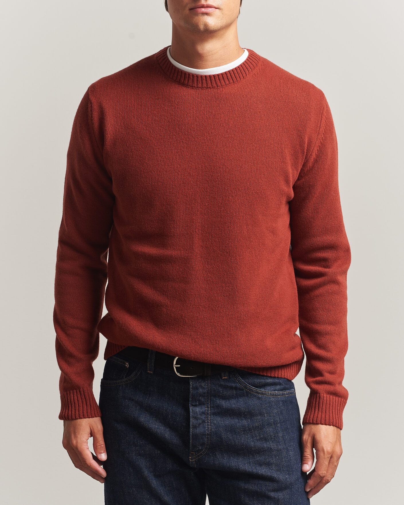 Men | Sweaters & Knitwear | Stenströms | Brushed Merino Crew Neck Burnt Orange