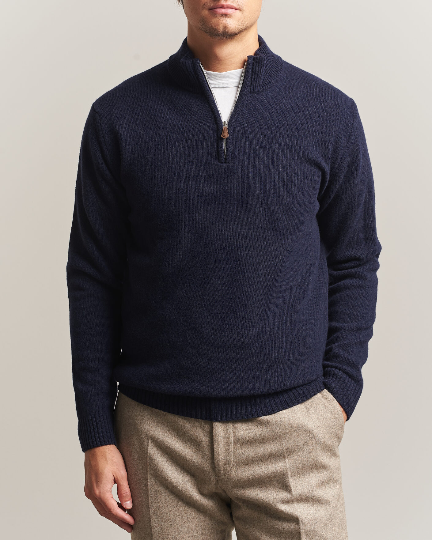 Men | Sweaters & Knitwear | Stenströms | Brushed Merino Half-Zip Navy