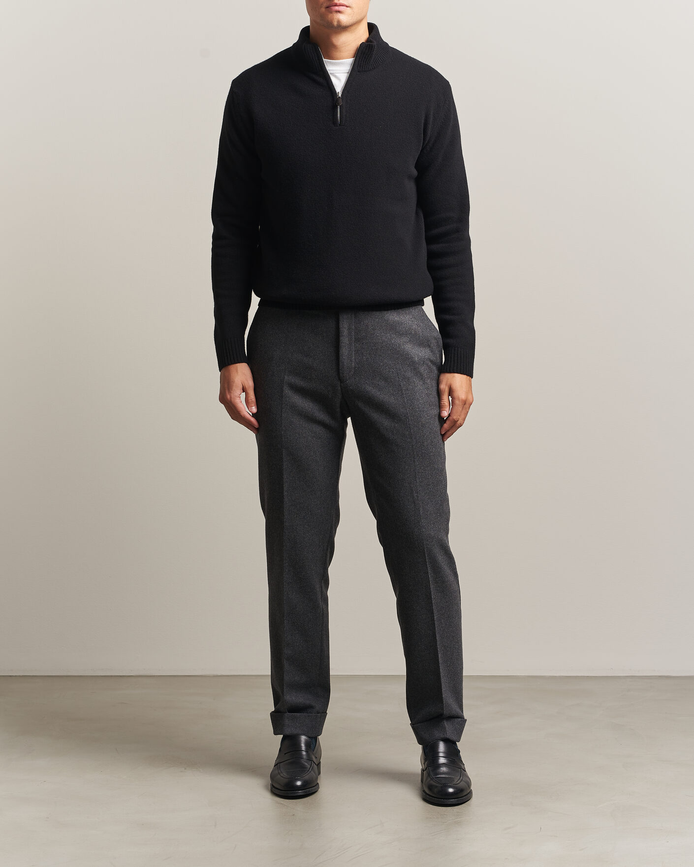 Men | Sweaters & Knitwear | Stenströms | Brushed Merino Half-Zip Black