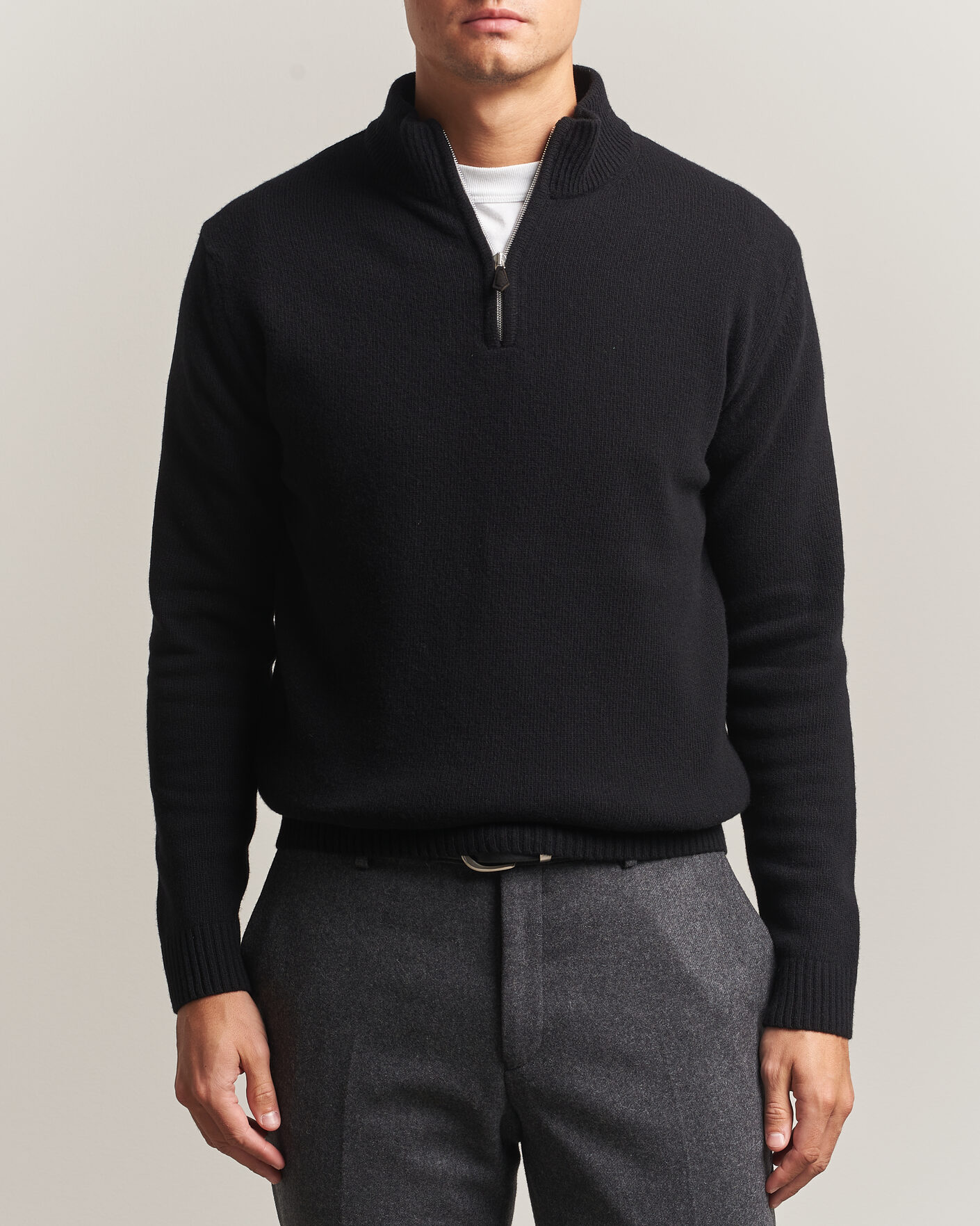 Men | Sweaters & Knitwear | Stenströms | Brushed Merino Half-Zip Black