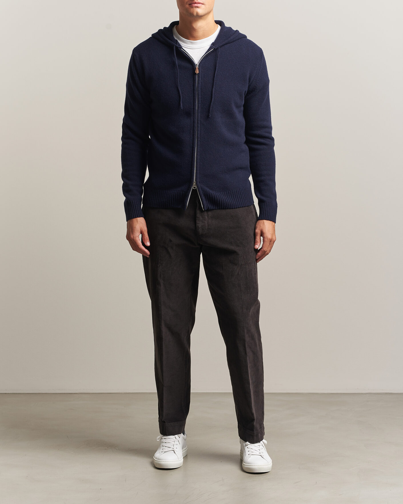 Men | Sweaters & Knitwear | Stenströms | Brushed Merino Full-Zip Hood Navy