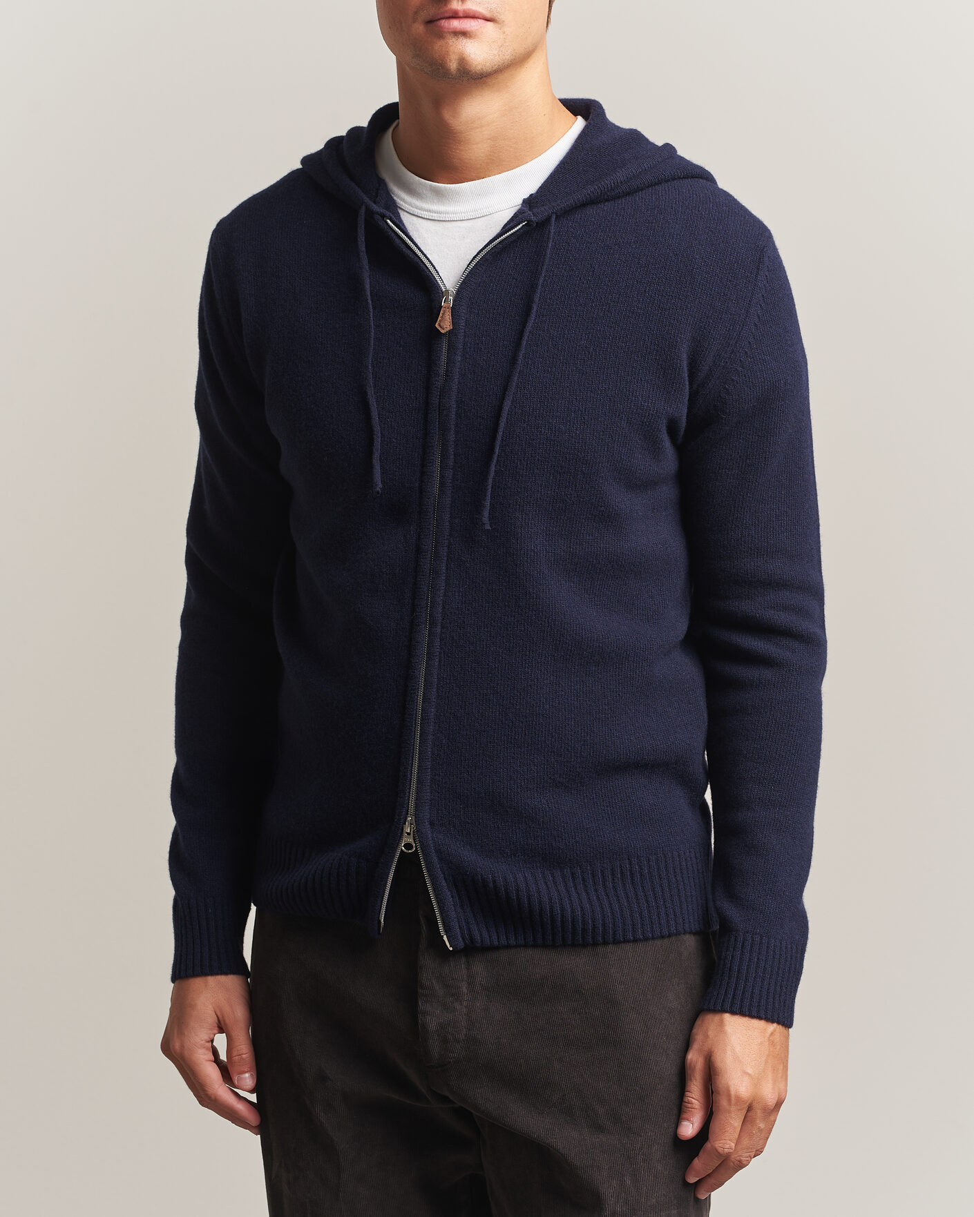 Men | Sweaters & Knitwear | Stenströms | Brushed Merino Full-Zip Hood Navy