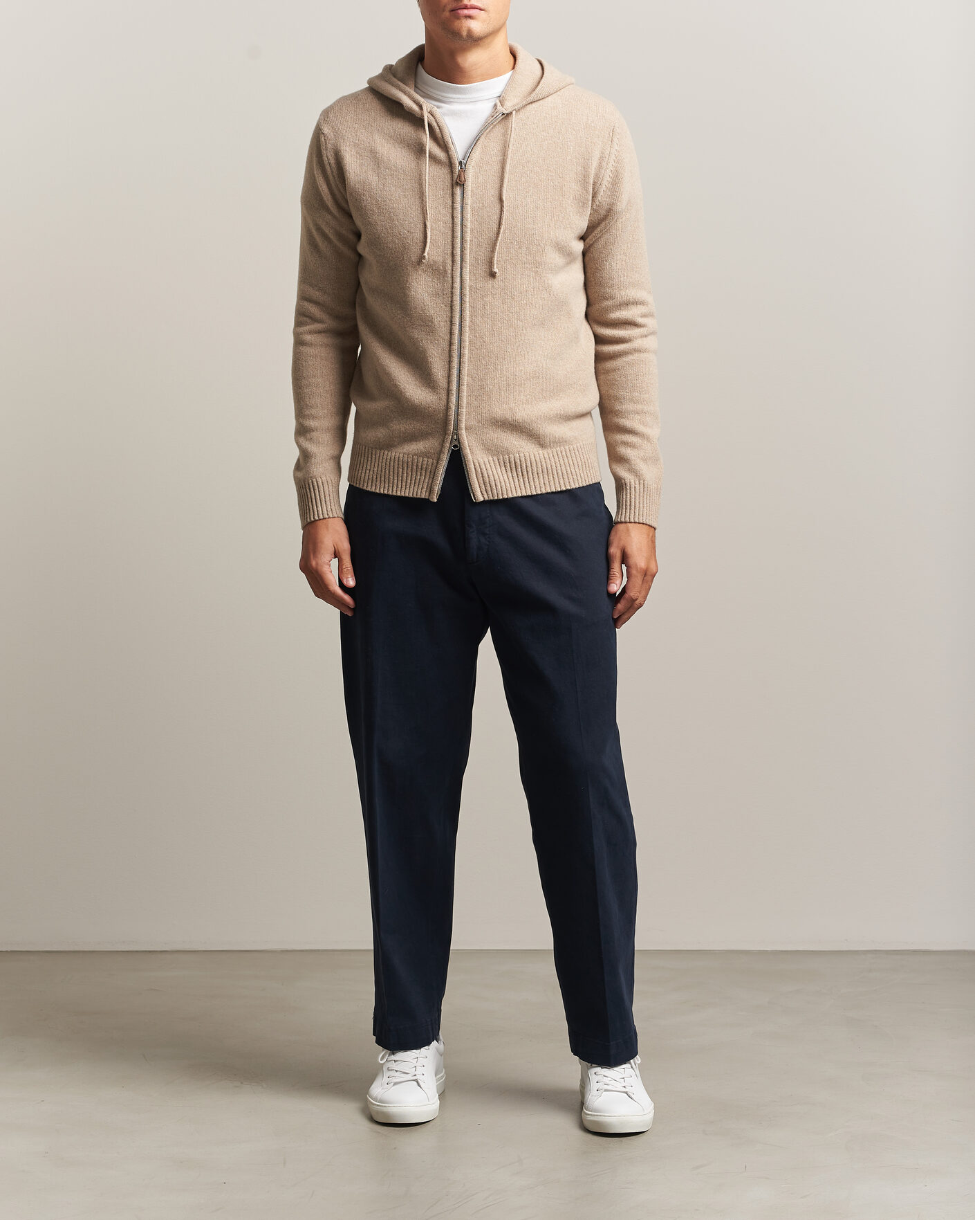 Men | Sweaters & Knitwear | Stenströms | Brushed Merino Full-Zip Hood Beige