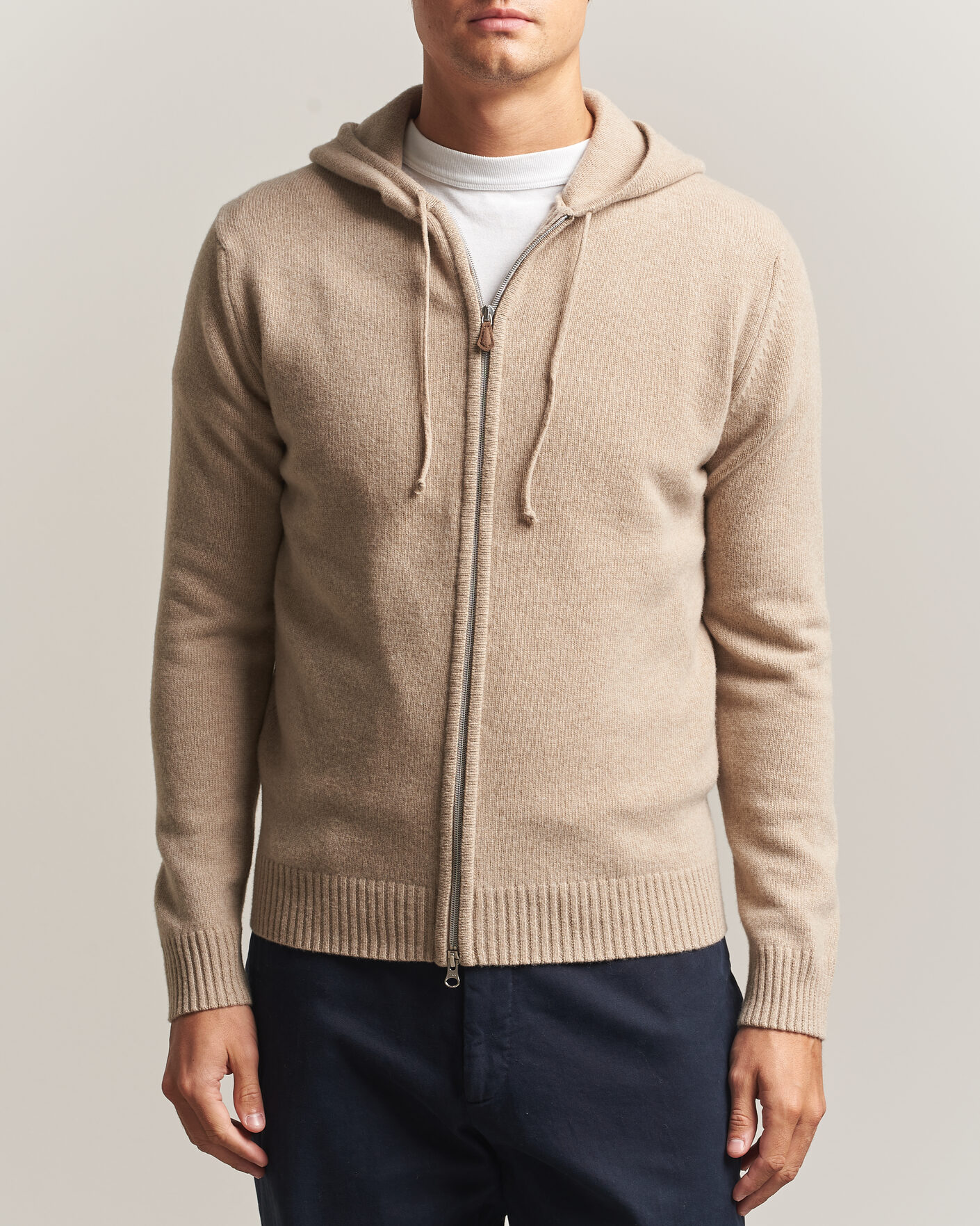 Men | Sweaters & Knitwear | Stenströms | Brushed Merino Full-Zip Hood Beige