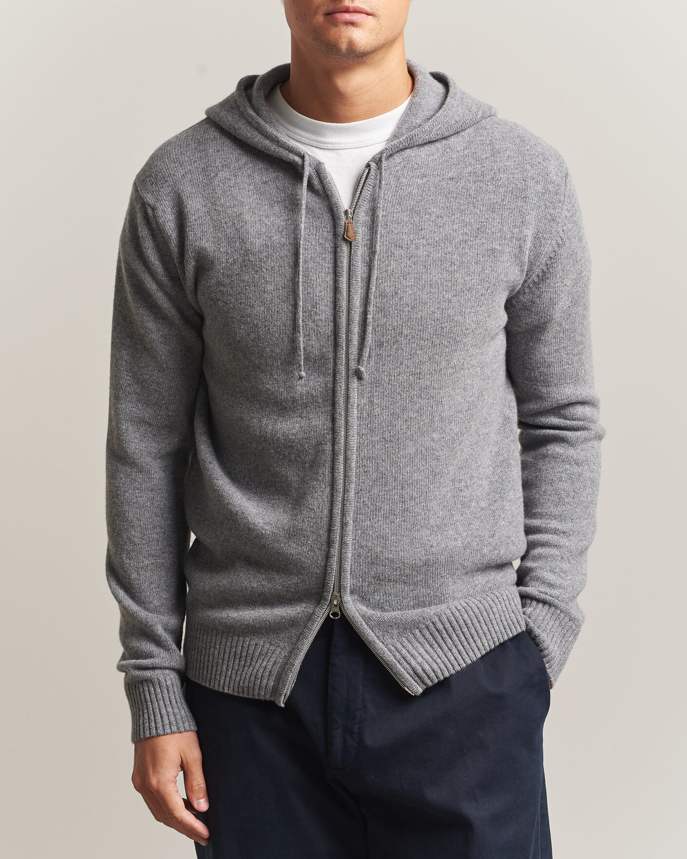 Men | Sweaters & Knitwear | Stenströms | Brushed Merino Full-Zip Hood Grey
