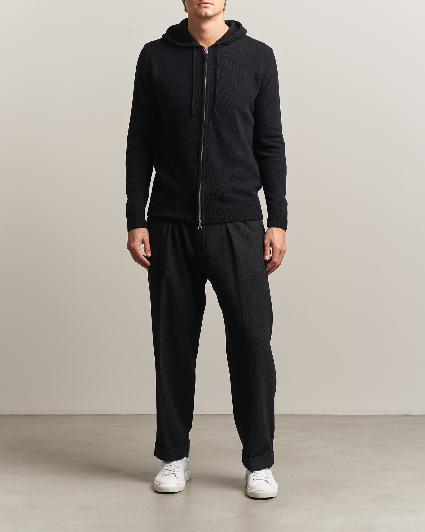 Men | Sweaters & Knitwear | Stenströms | Brushed Merino Full-Zip Hood Black