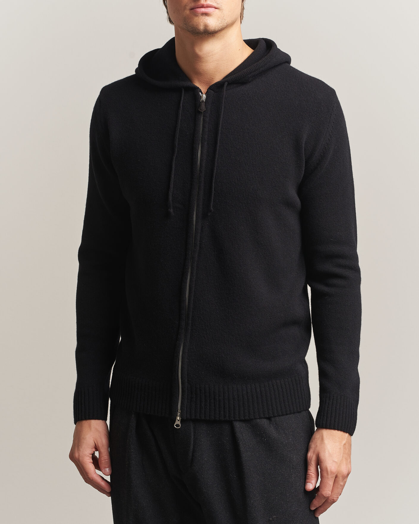 Men | Sweaters & Knitwear | Stenströms | Brushed Merino Full-Zip Hood Black