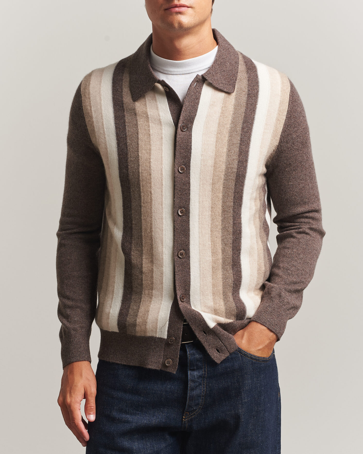 Men | Sweaters & Knitwear | Stenströms | Cashmere Striped Polo Cardigan Brown