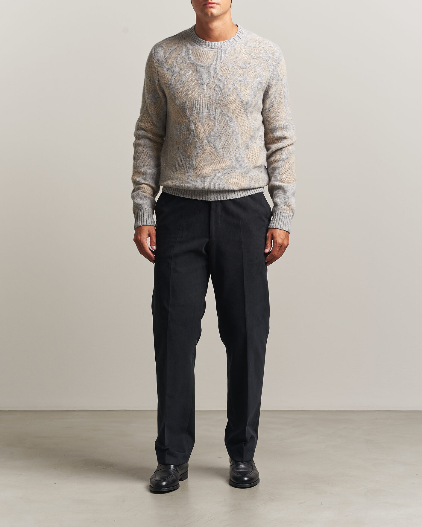 Men | Sweaters & Knitwear | Stenströms | Knitted Jaquard Yak/Merino Sweater Beige Grey
