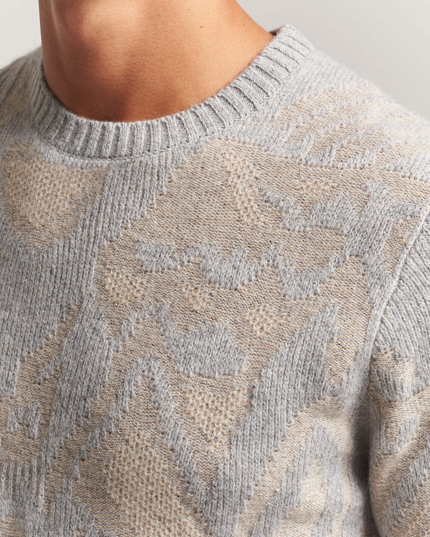 Men | Sweaters & Knitwear | Stenströms | Knitted Jaquard Yak/Merino Sweater Beige Grey