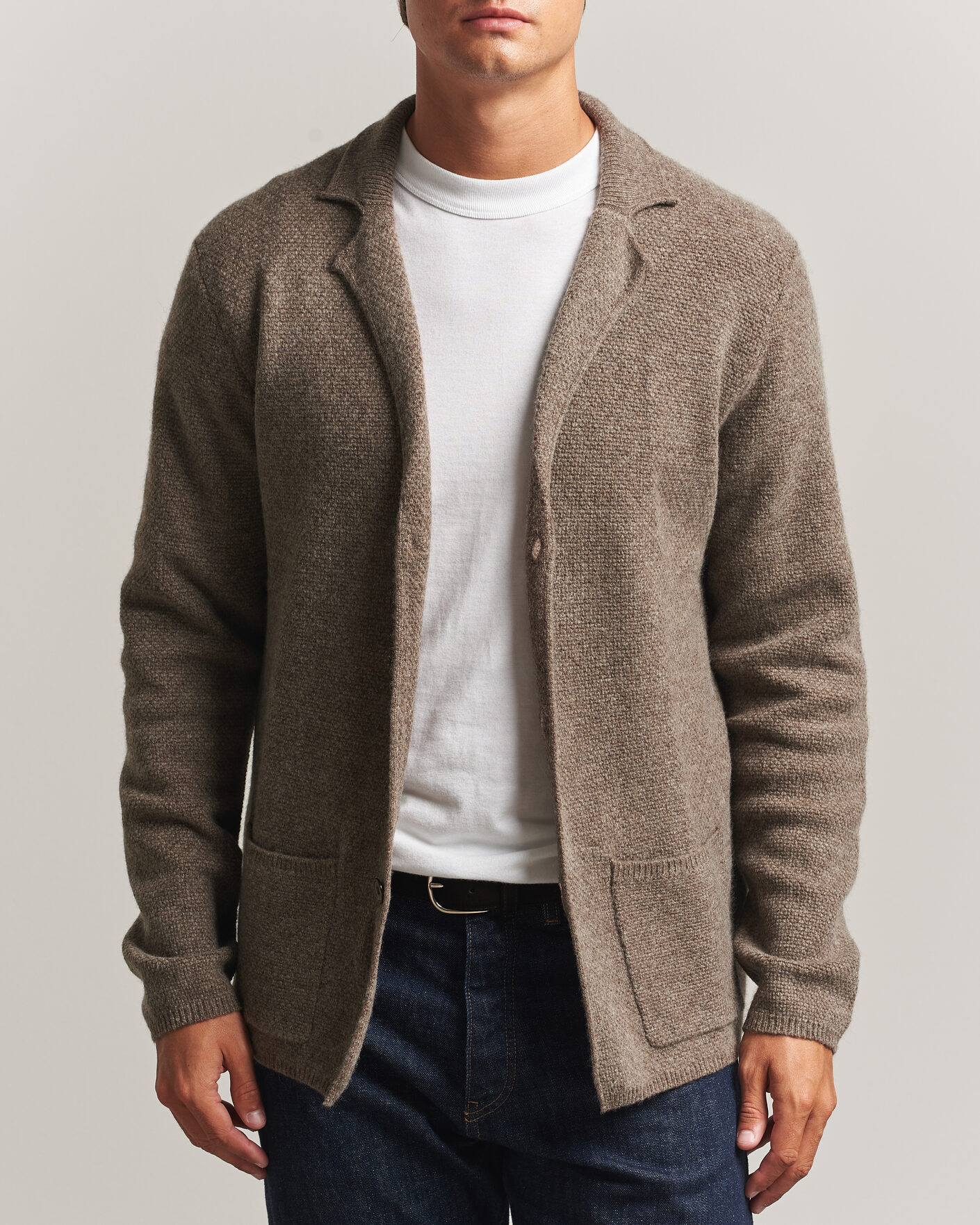 Men | Sweaters & Knitwear | Stenströms | Knitted Yak/Merino Cardigan Blazer Brown