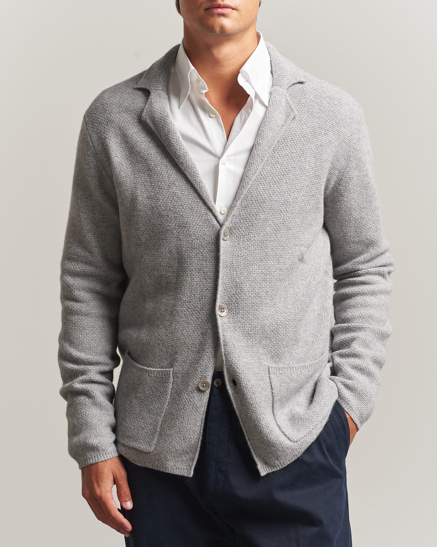 Men | Sweaters & Knitwear | Stenströms | Knitted Yak/Merino Cardigan Blazer Grey