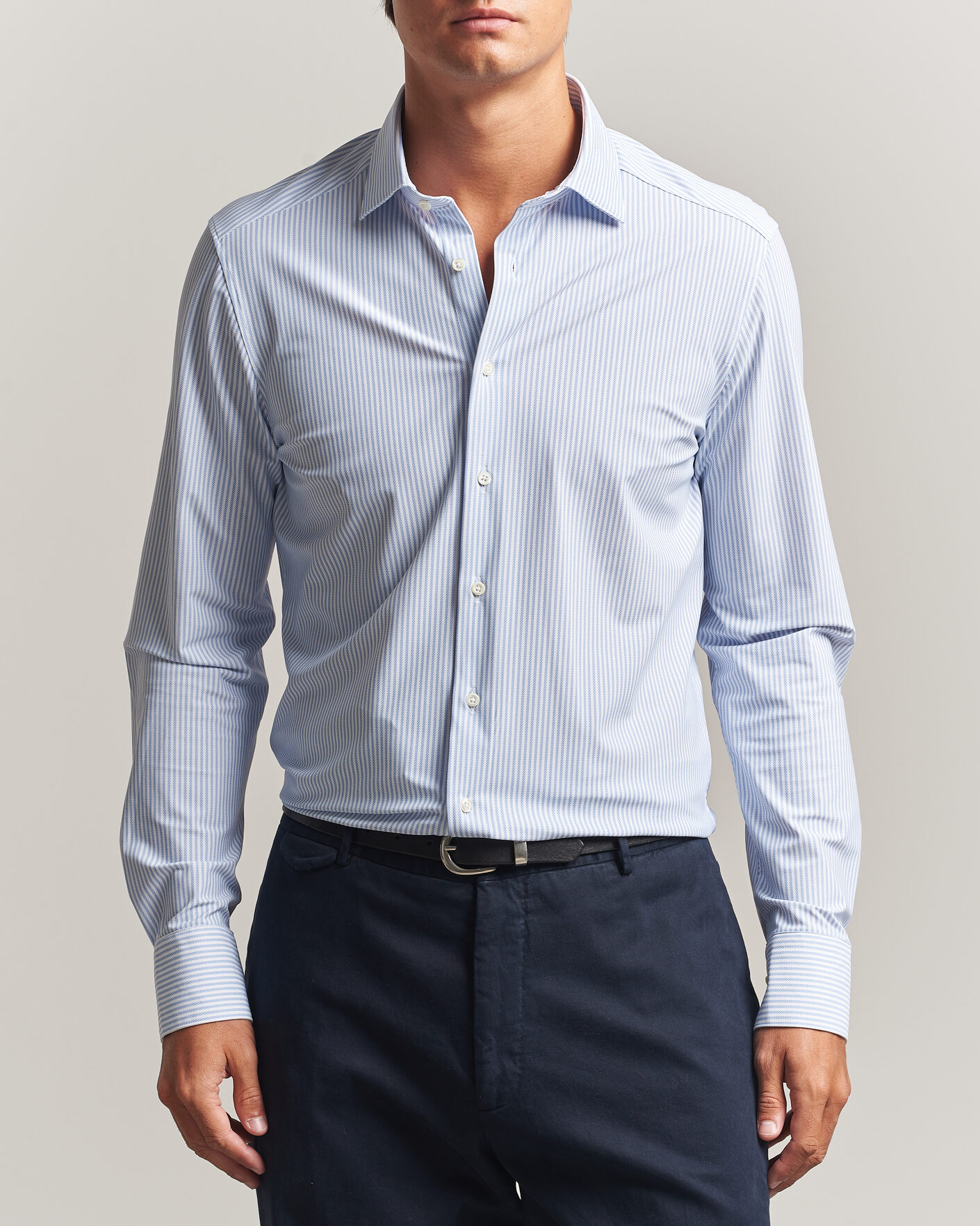 Men | Shirts | Stenströms | Slimline Active Stretch Striped Shirt Light Blue