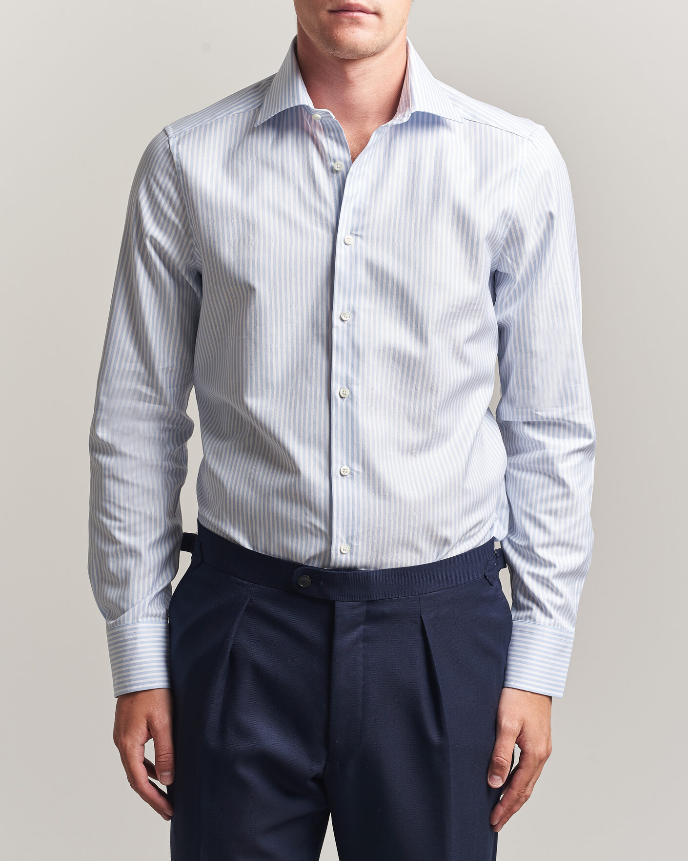 Men | Shirts | Stenströms | Slimline Twofold Cotton Stripe Shirt Light Blue