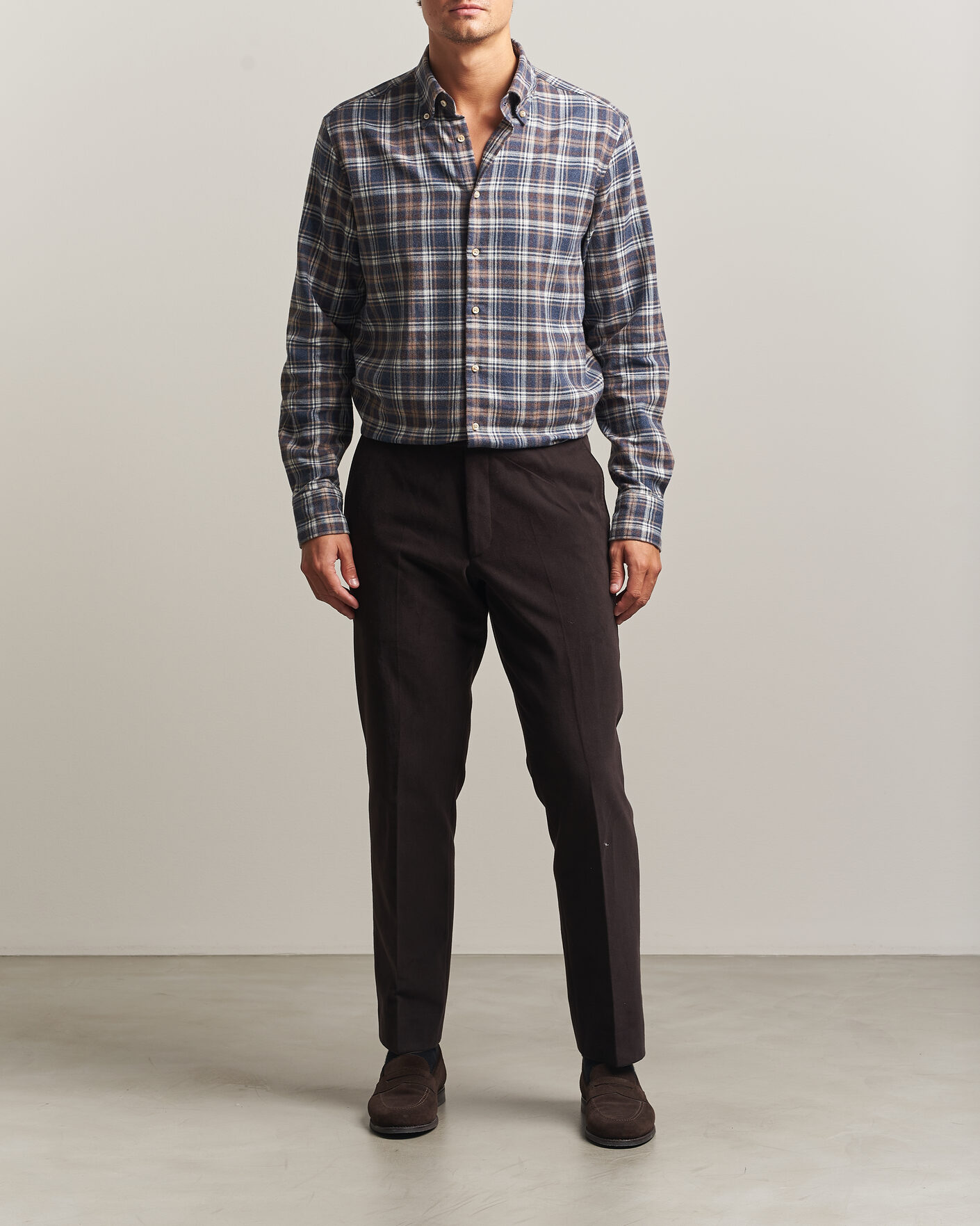 Men | Shirts | Stenströms | Regular Fit Check Cut Away Flannel Shirt Navy