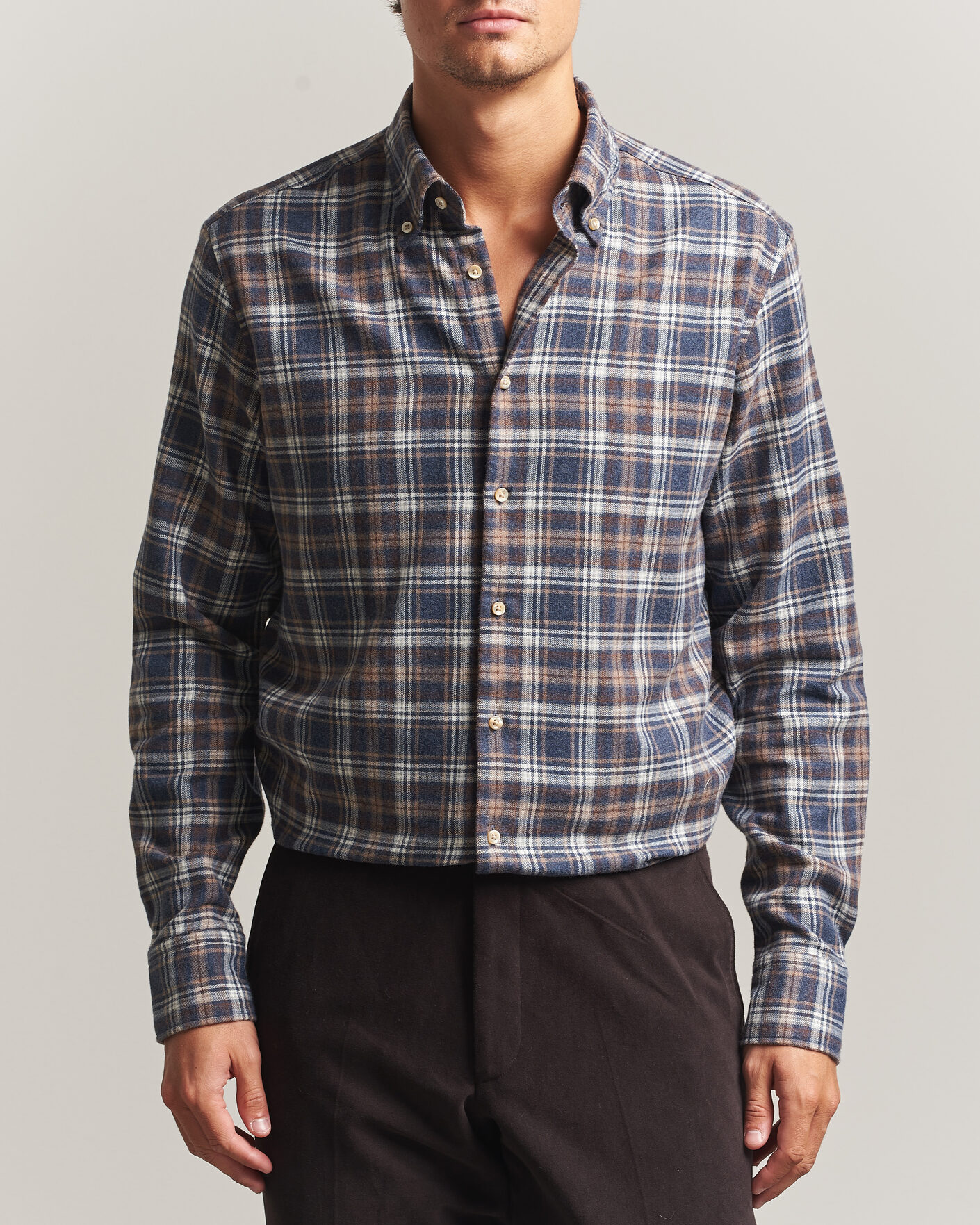 Men | Shirts | Stenströms | Regular Fit Check Cut Away Flannel Shirt Navy
