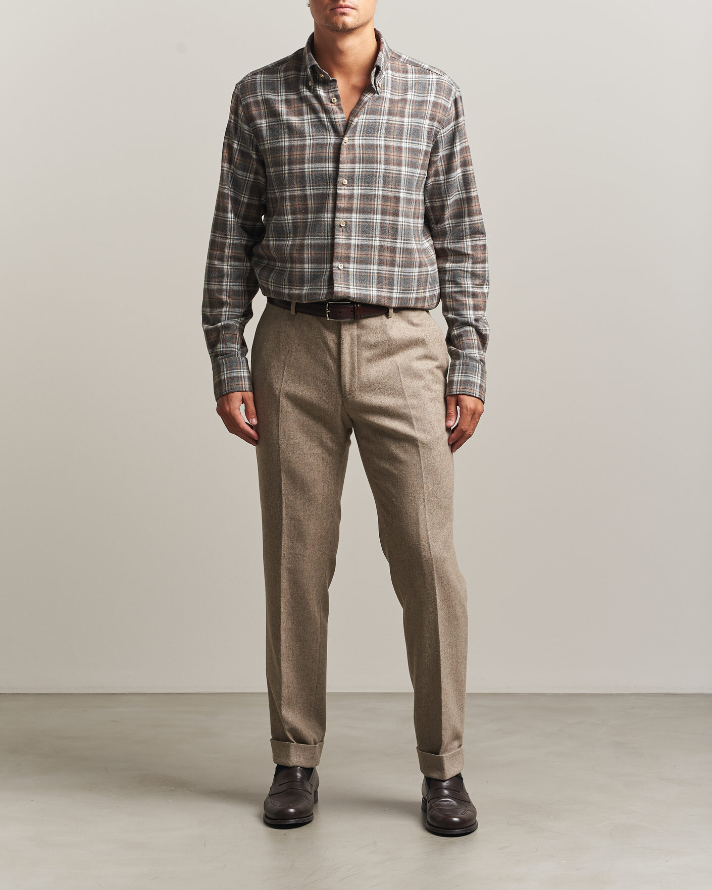 Men | Shirts | Stenströms | Regular Fit Check Cut Away Flannel Shirt Brown