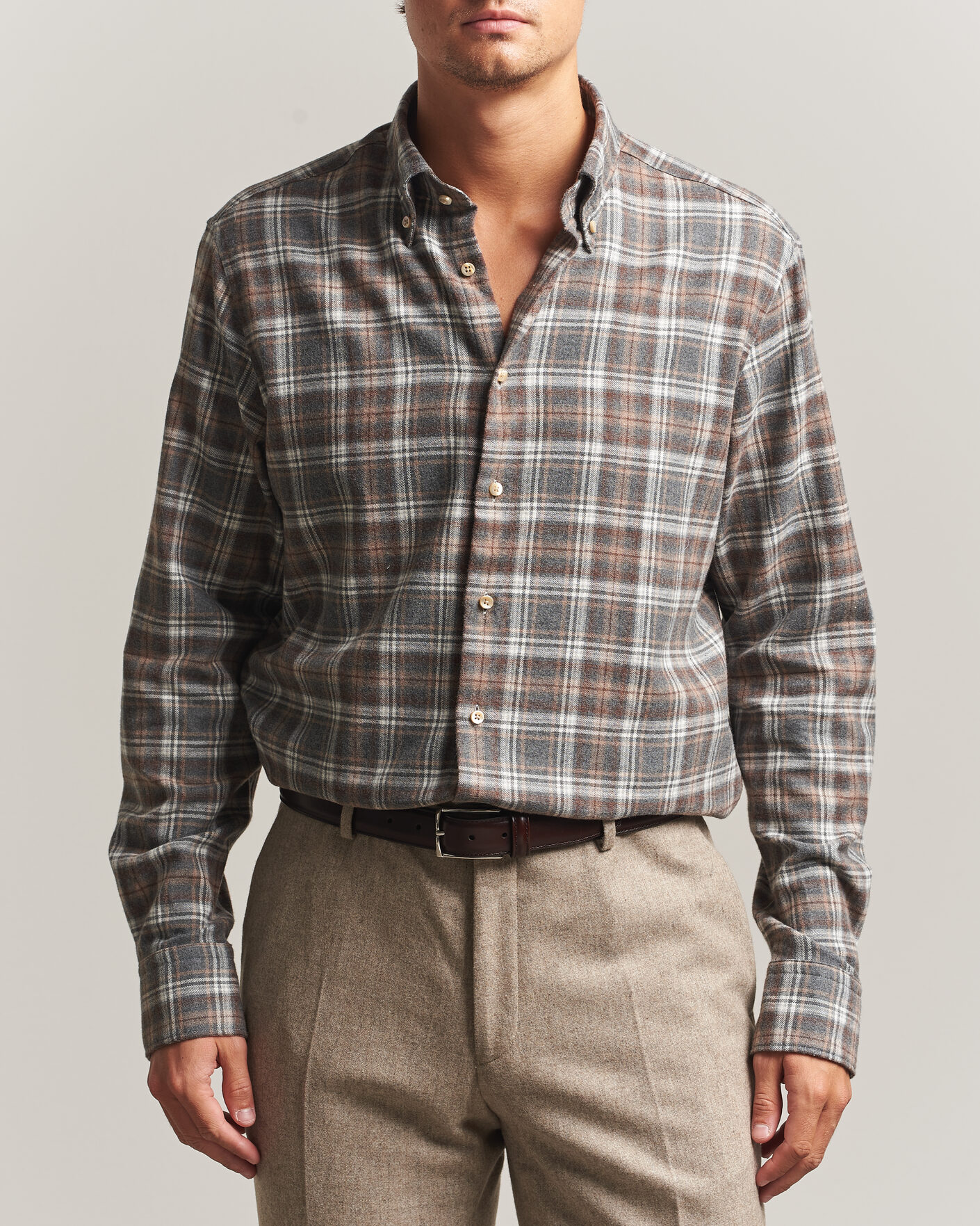 Men | Shirts | Stenströms | Regular Fit Check Cut Away Flannel Shirt Brown