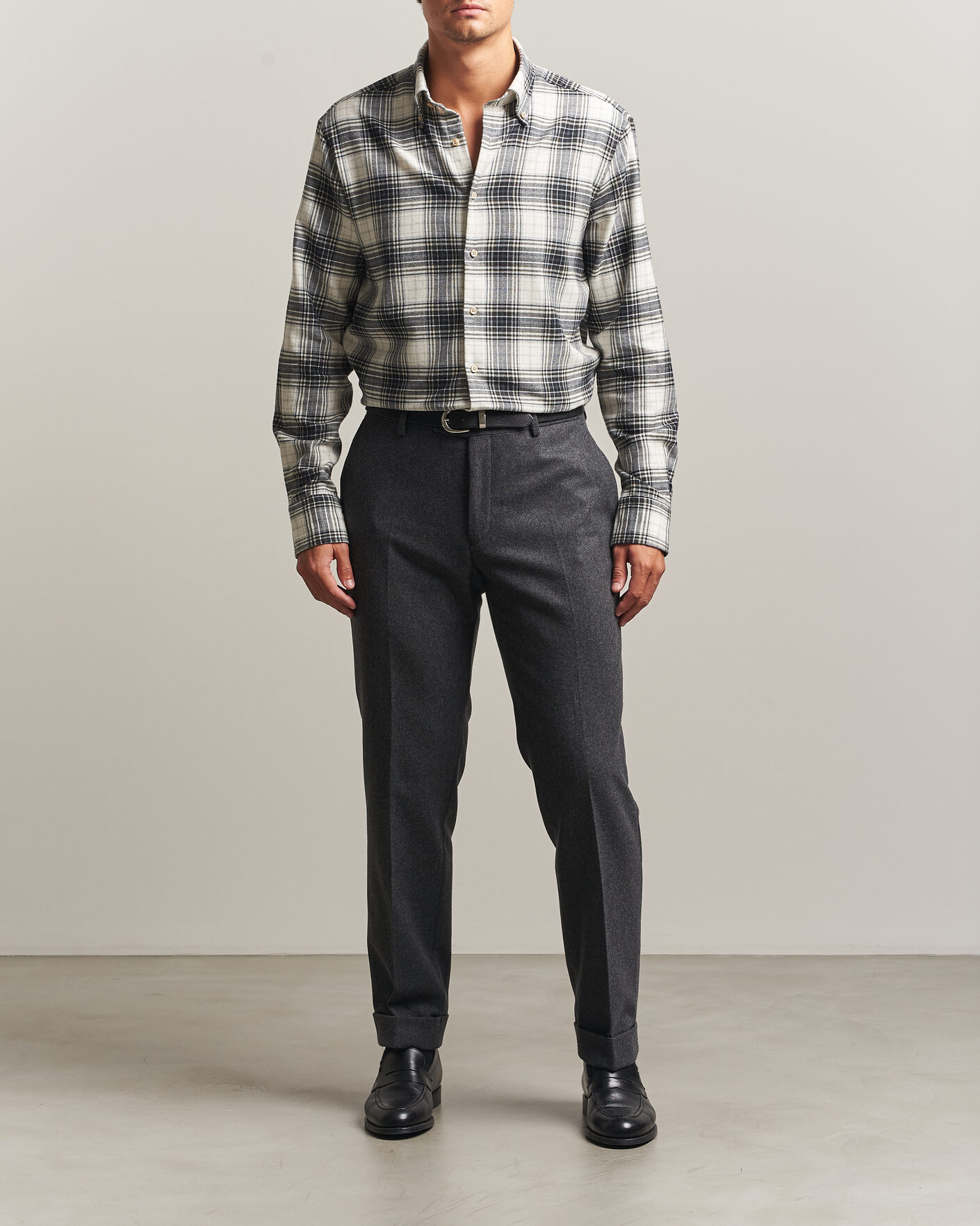 Men | Shirts | Stenströms | Regular Fit Check Button Down Flannel Shirt Grey