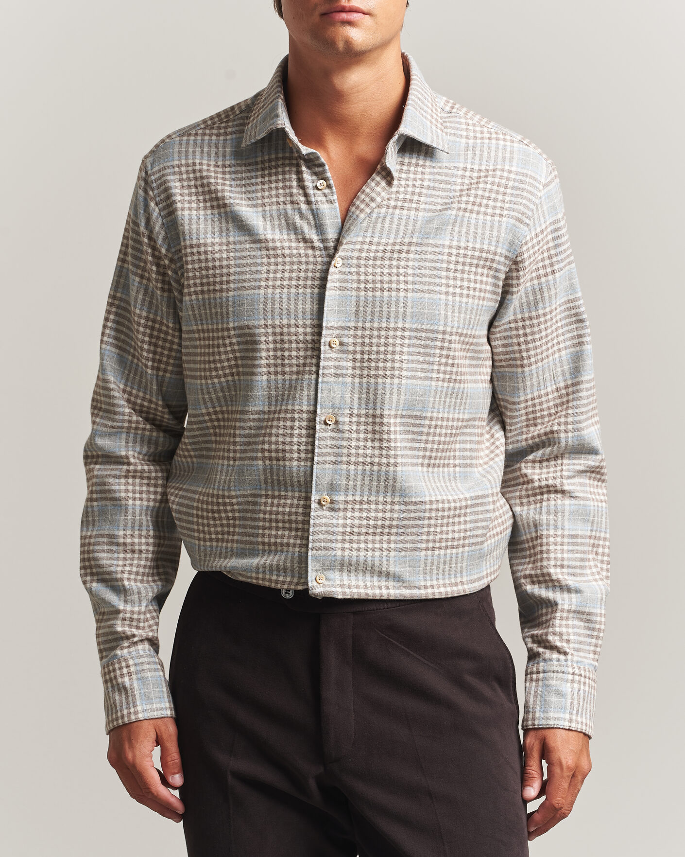 Men | Shirts | Stenströms | Regular Fit Overcheck Flannel Shirt Light Brown