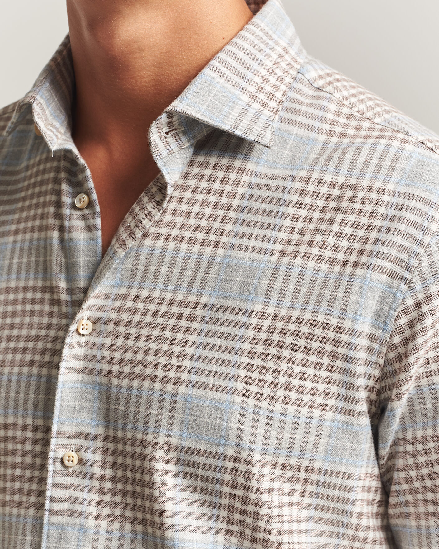 Men | Shirts | Stenströms | Regular Fit Overcheck Flannel Shirt Light Brown