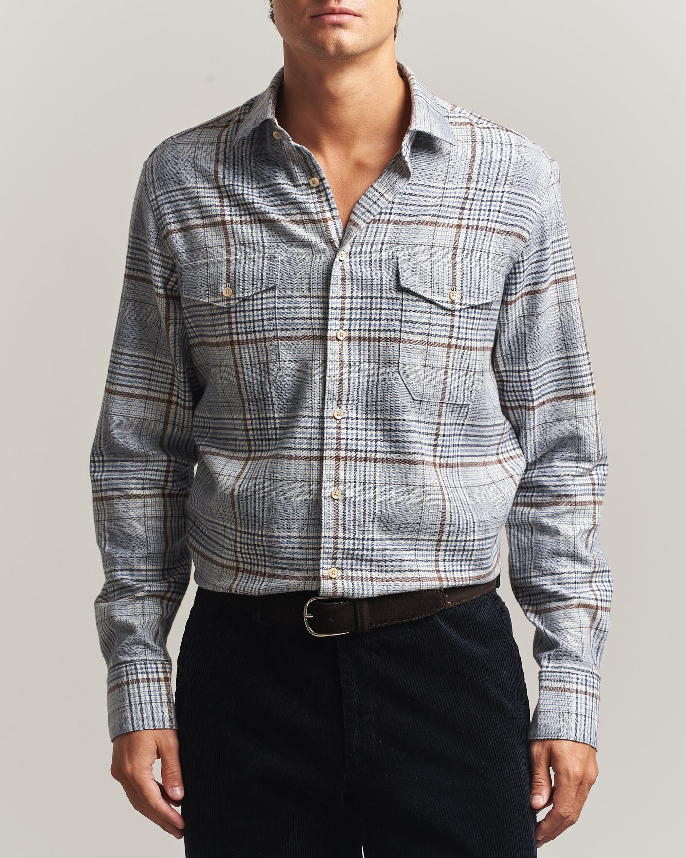 Men | Shirts | Stenströms | Regular Fit Front Pocket Flannel Shirt Blue