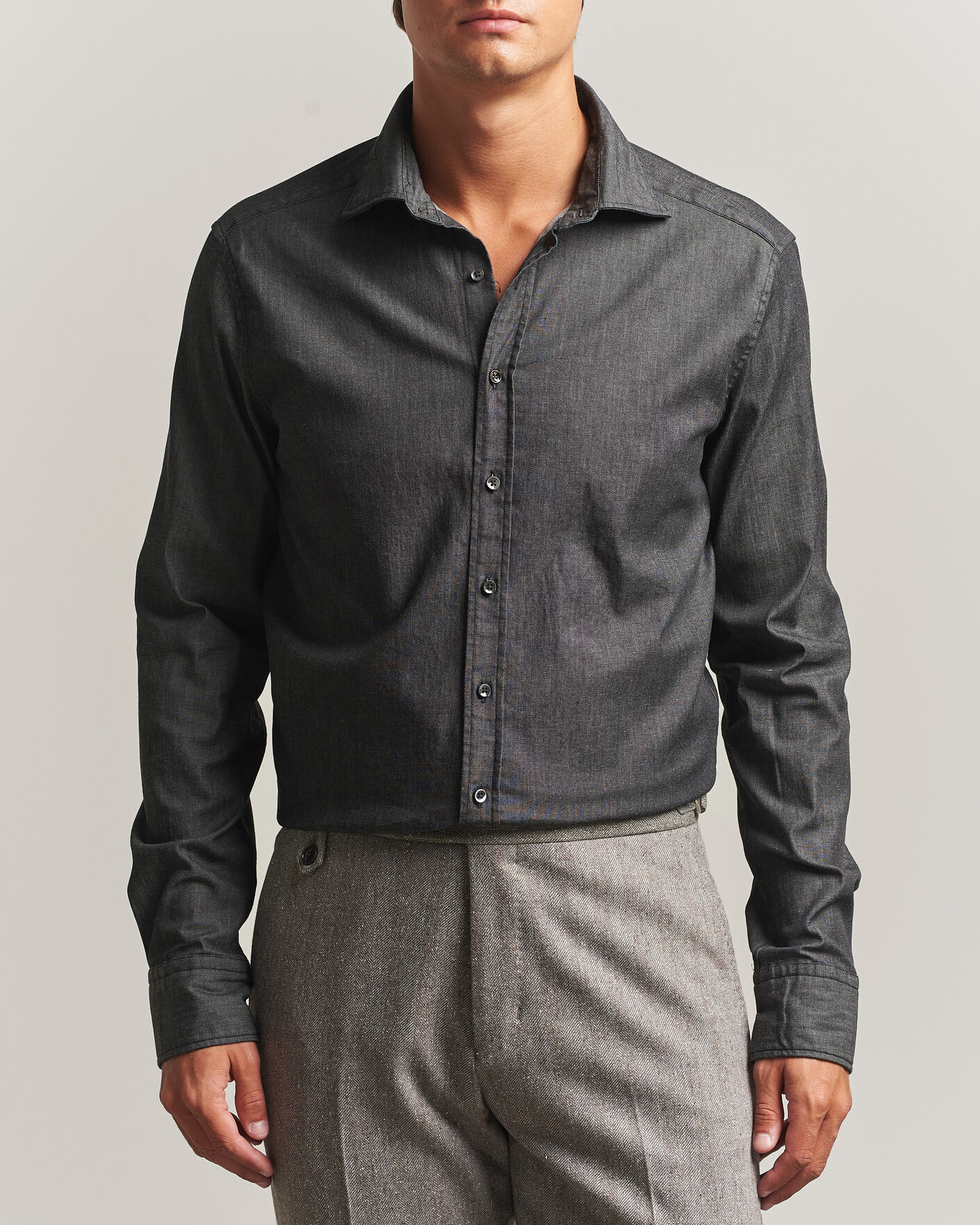 Men | Shirts | Stenströms | Slimline Garment Washed Shirt Black Denim