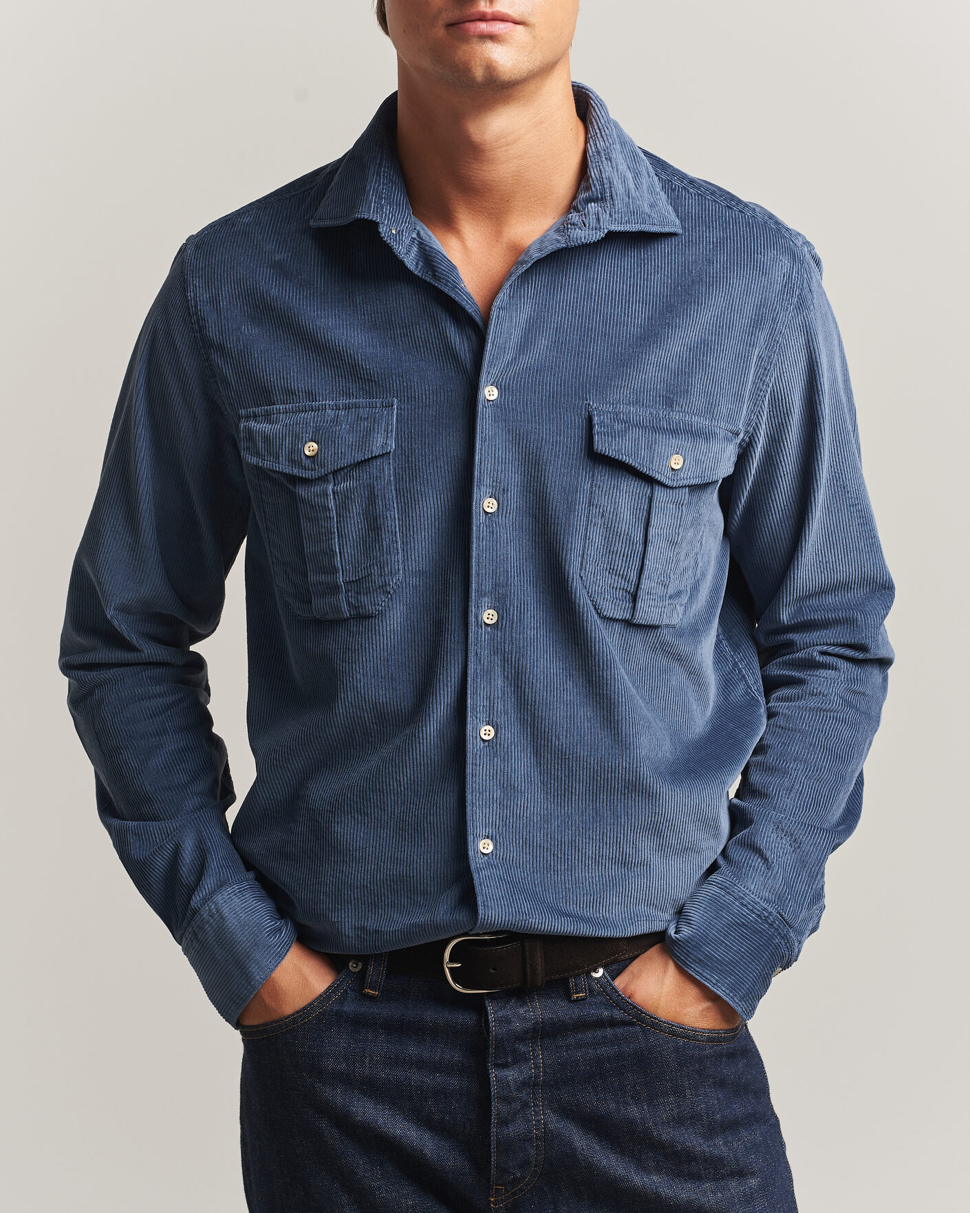 Men | Shirts | Stenströms | Regular Fit Cord Pocket Shirt Blue