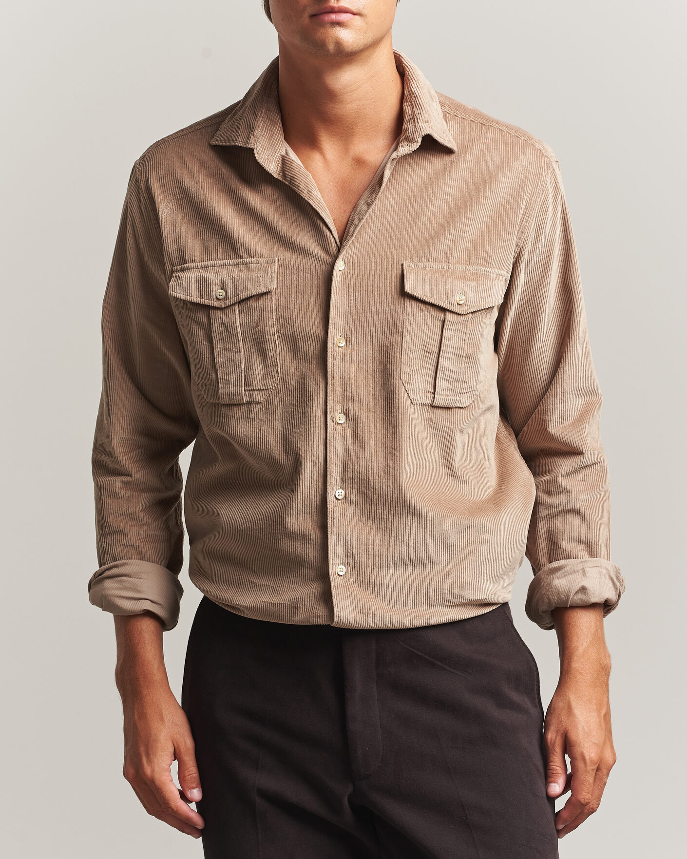 Men | Shirts | Stenströms | Regular Fit Cord Pocket Shirt Light Brown