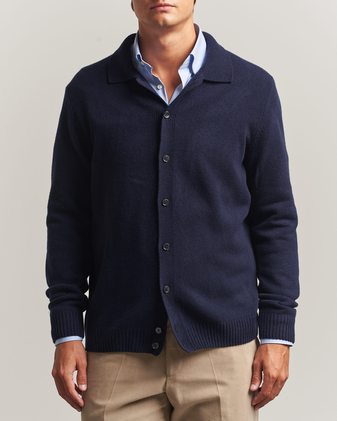Men | Sweaters & Knitwear | Stenströms | Brushed Merino Polo Cardigan Navy