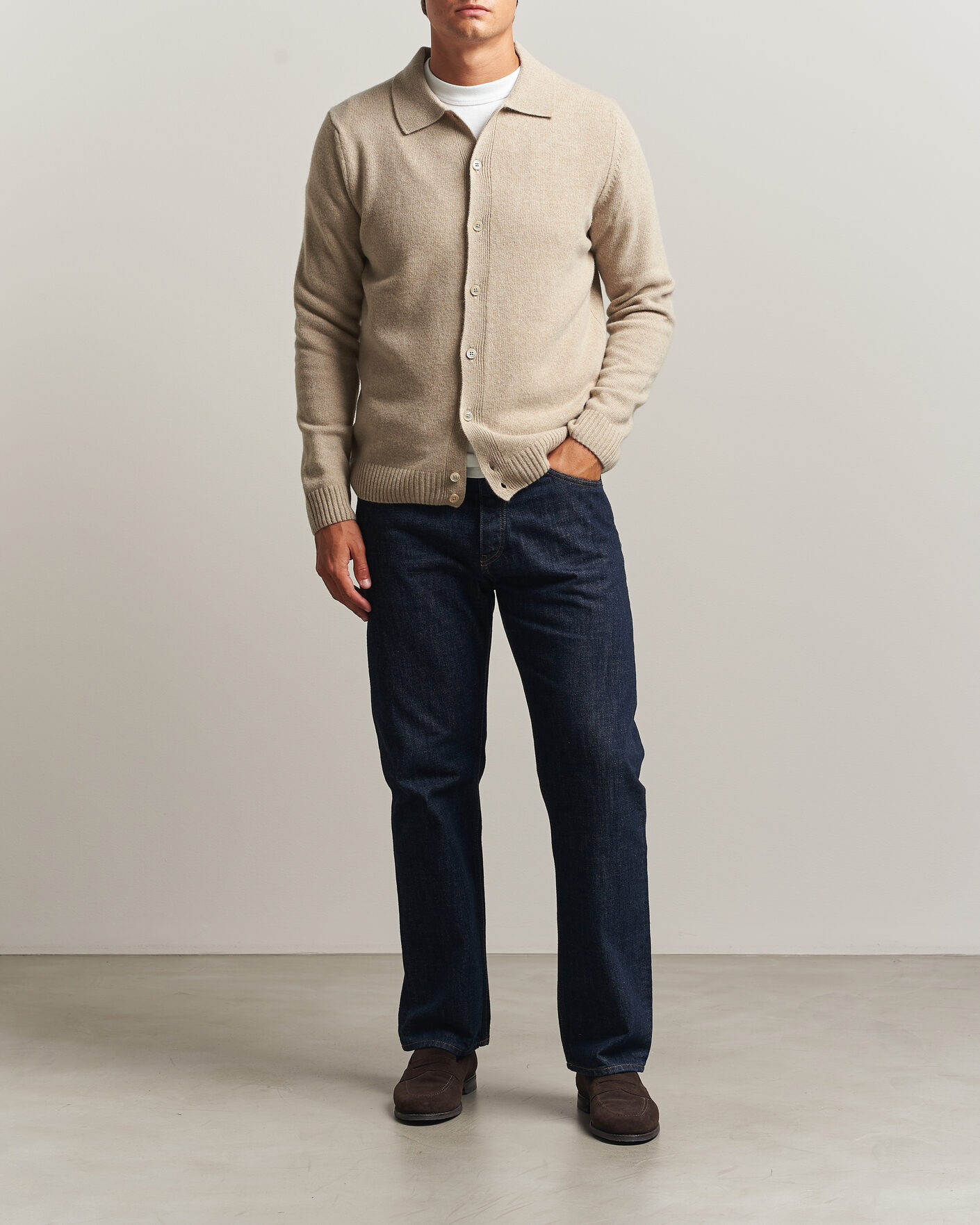 Men | Sweaters & Knitwear | Stenströms | Brushed Merino Polo Cardigan Beige