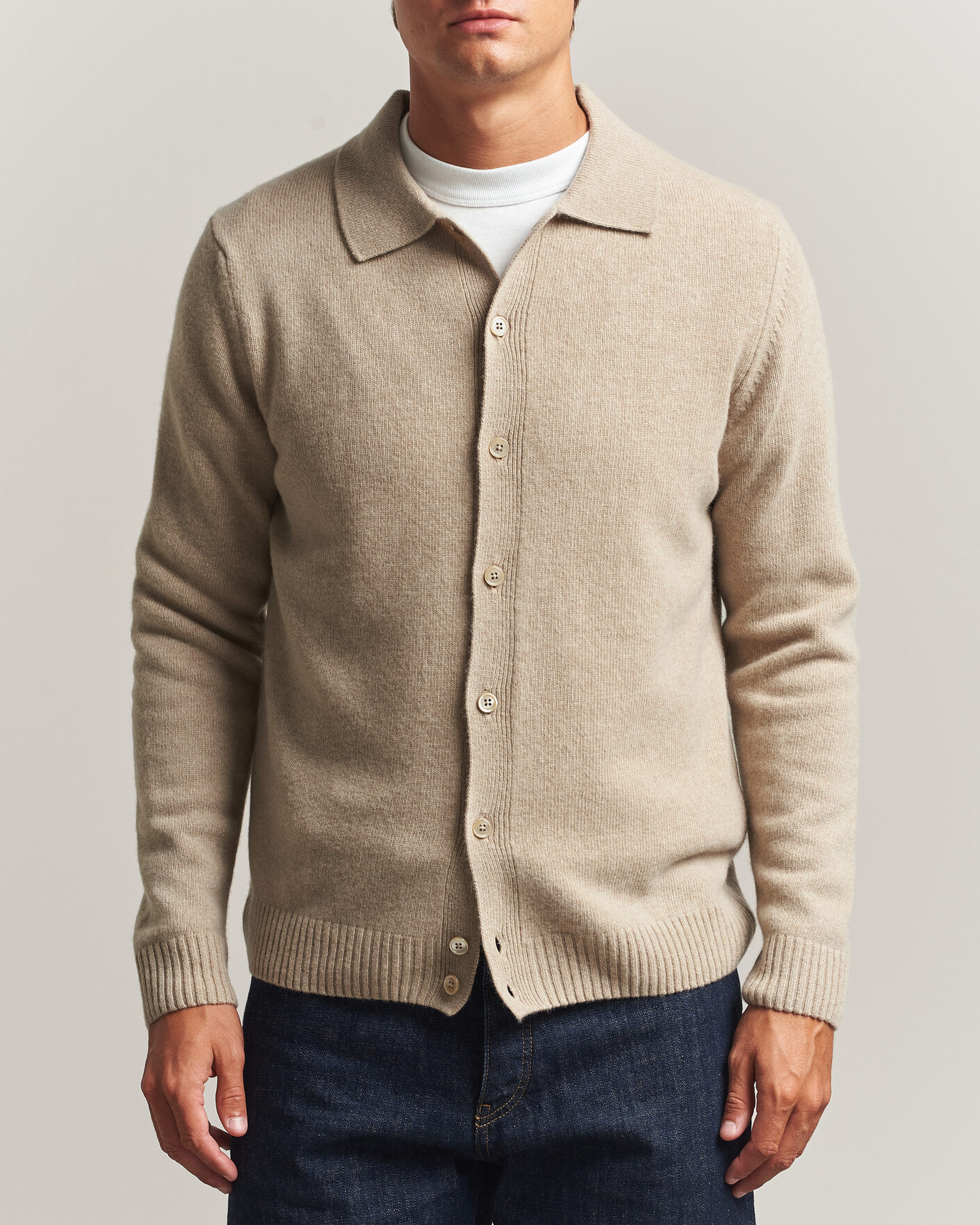 Men | Sweaters & Knitwear | Stenströms | Brushed Merino Polo Cardigan Beige