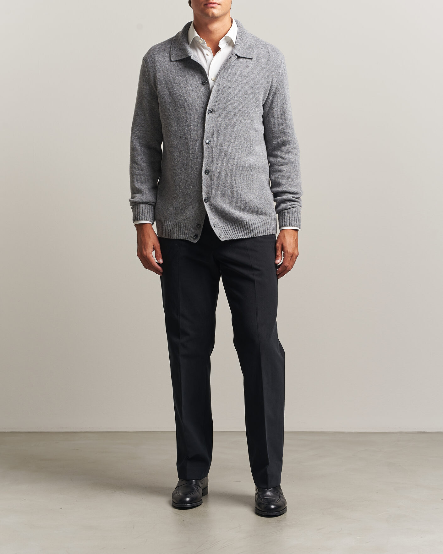 Men | Sweaters & Knitwear | Stenströms | Brushed Merino Polo Cardigan Grey