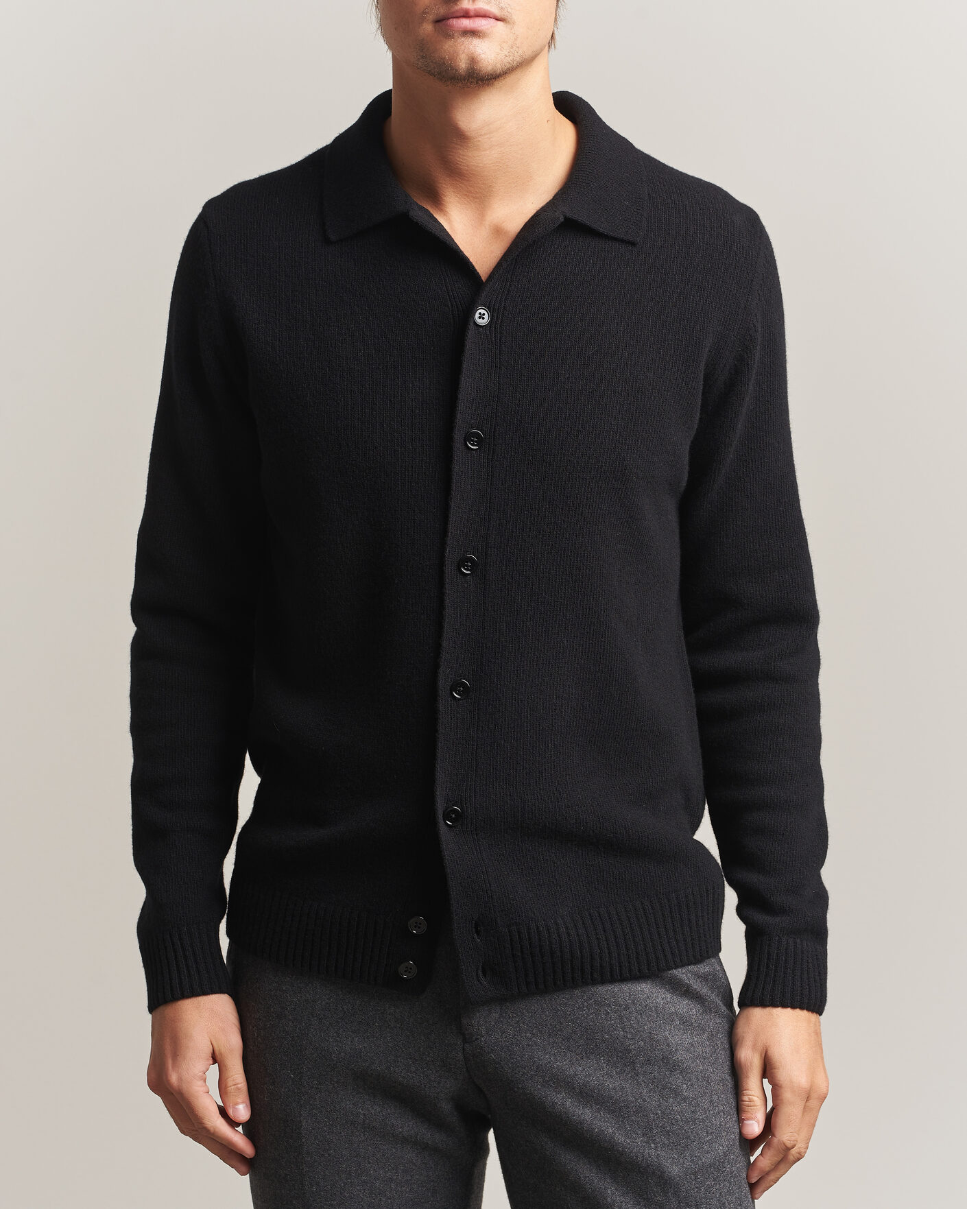 Men | Sweaters & Knitwear | Stenströms | Brushed Merino Polo Cardigan Black