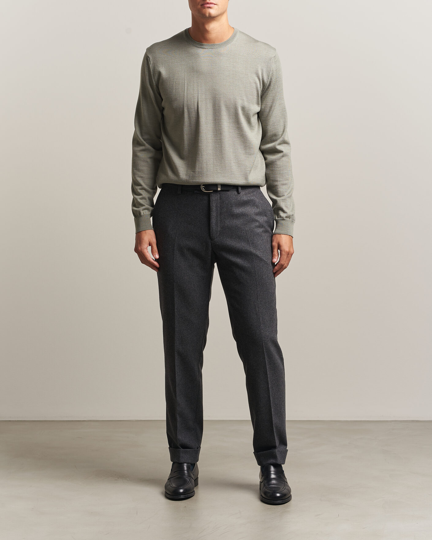 Men | Sweaters & Knitwear | Stenströms | Merino Crew Neck Green/Grey