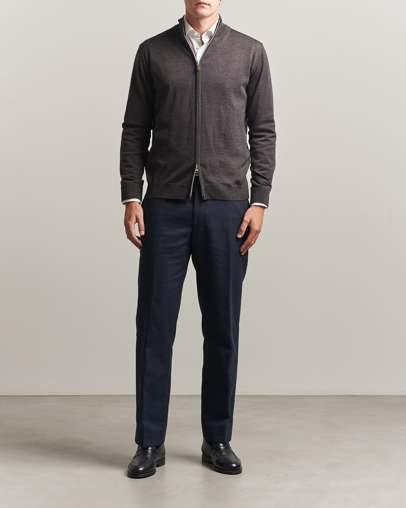 Men | Sweaters & Knitwear | Stenströms | Merino Full Zip Dark Brown