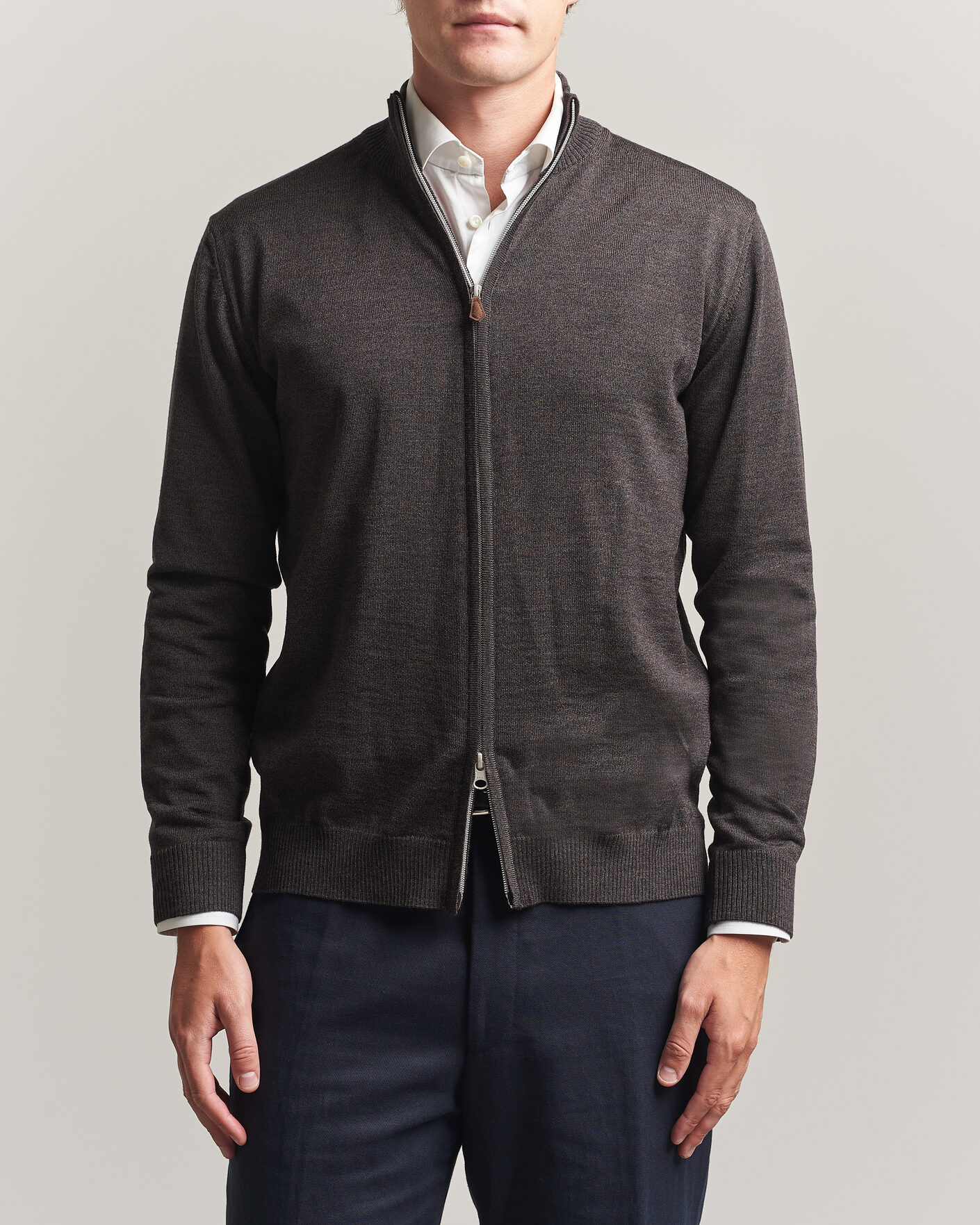 Men | Sweaters & Knitwear | Stenströms | Merino Full Zip Dark Brown
