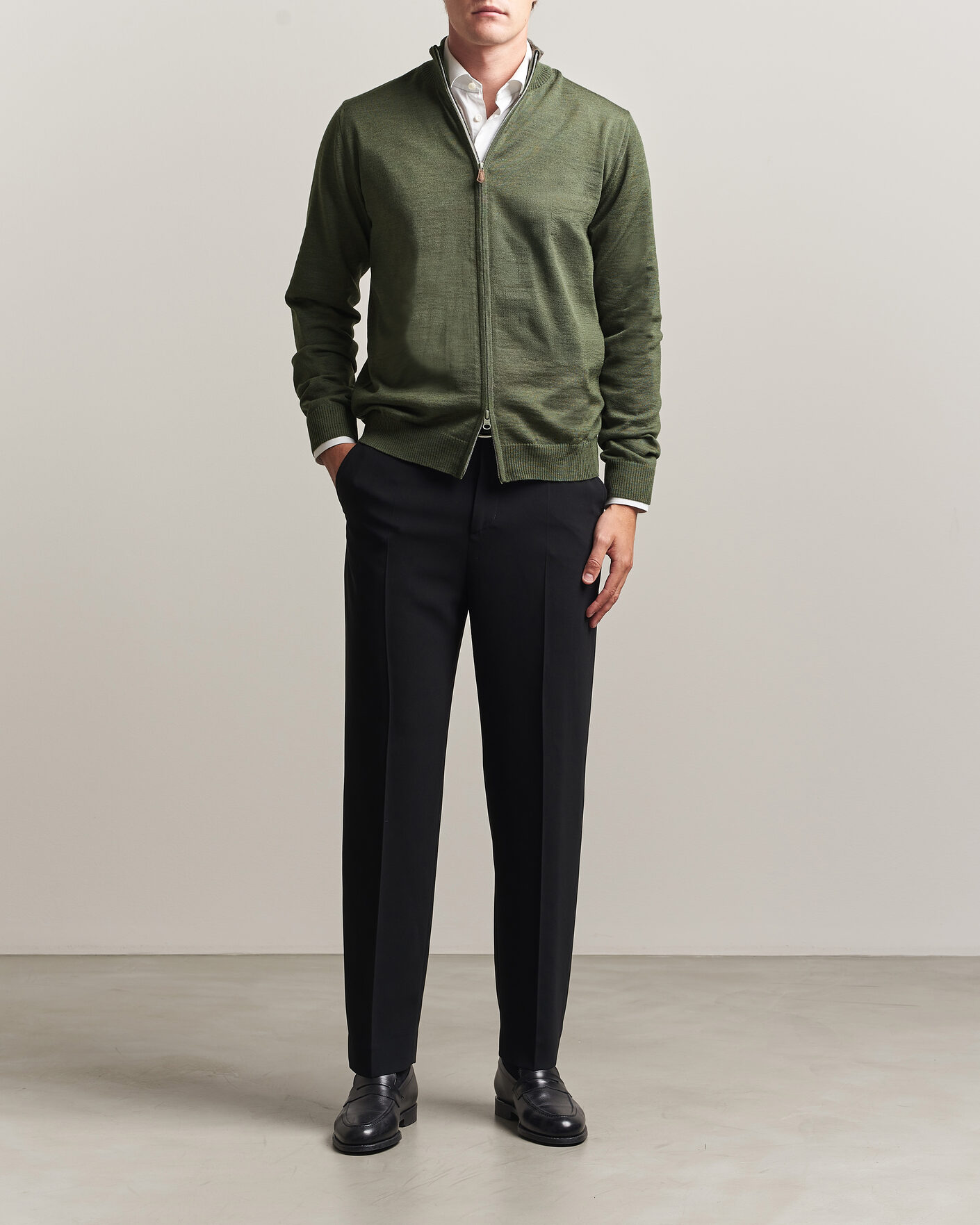Men | Sweaters & Knitwear | Stenströms | Merino Full Zip Green