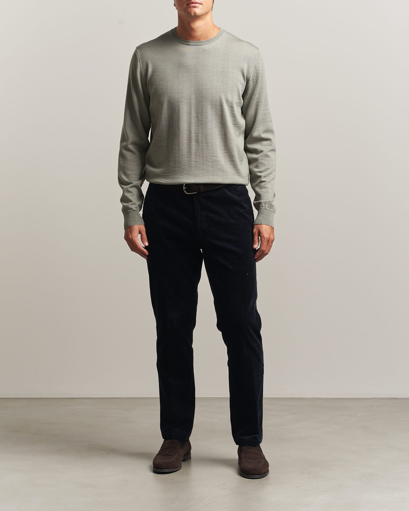 Men | Sweaters & Knitwear | Stenströms | Merino Patch Crew Neck Green/Grey