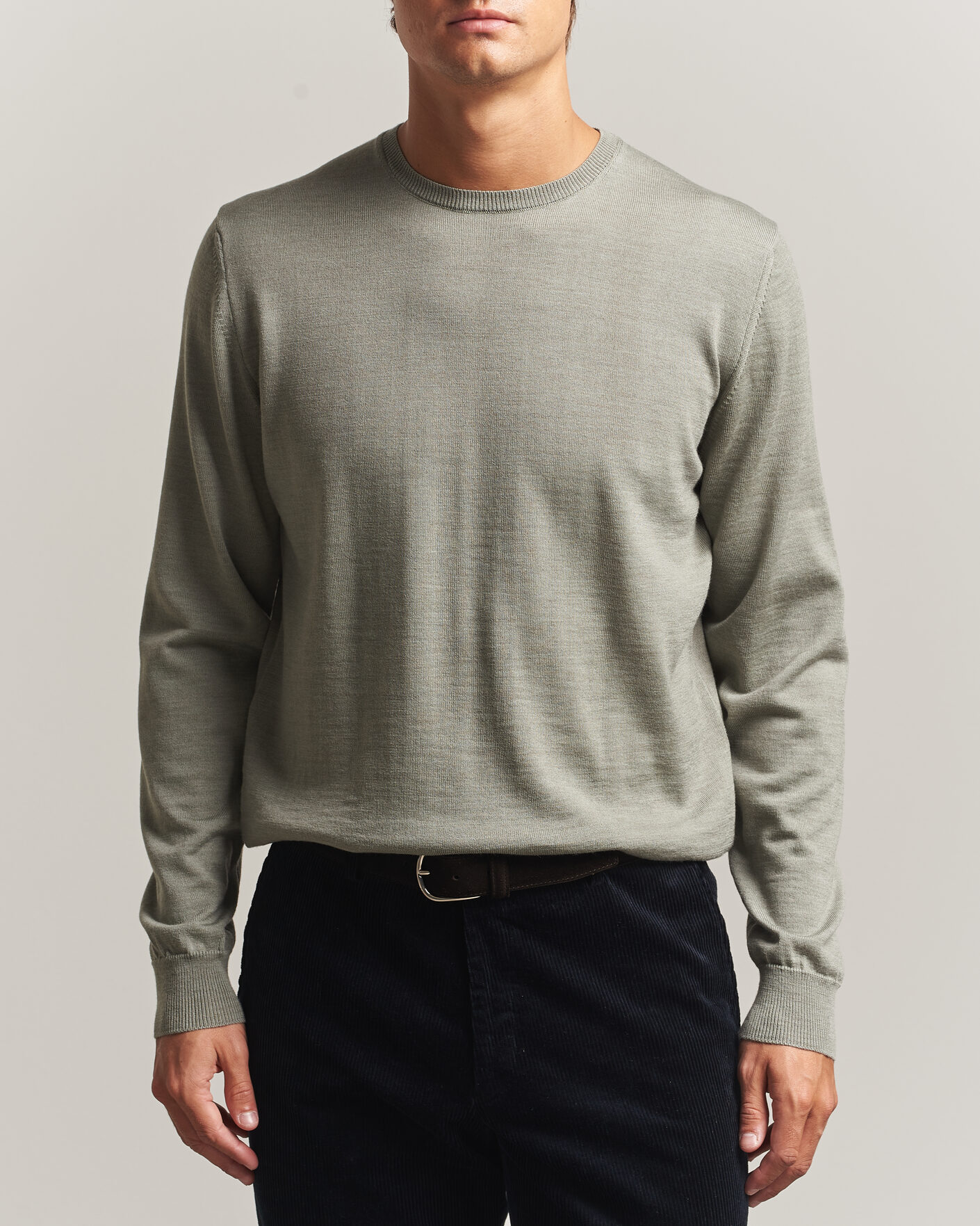 Men | Sweaters & Knitwear | Stenströms | Merino Patch Crew Neck Green/Grey
