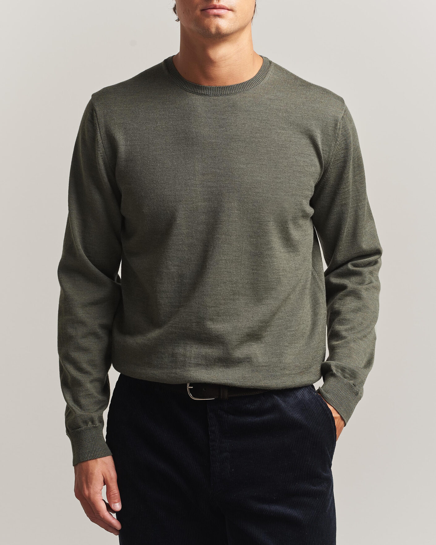 Men | Sweaters & Knitwear | Stenströms | Merino Patch Crew Neck Dark Green