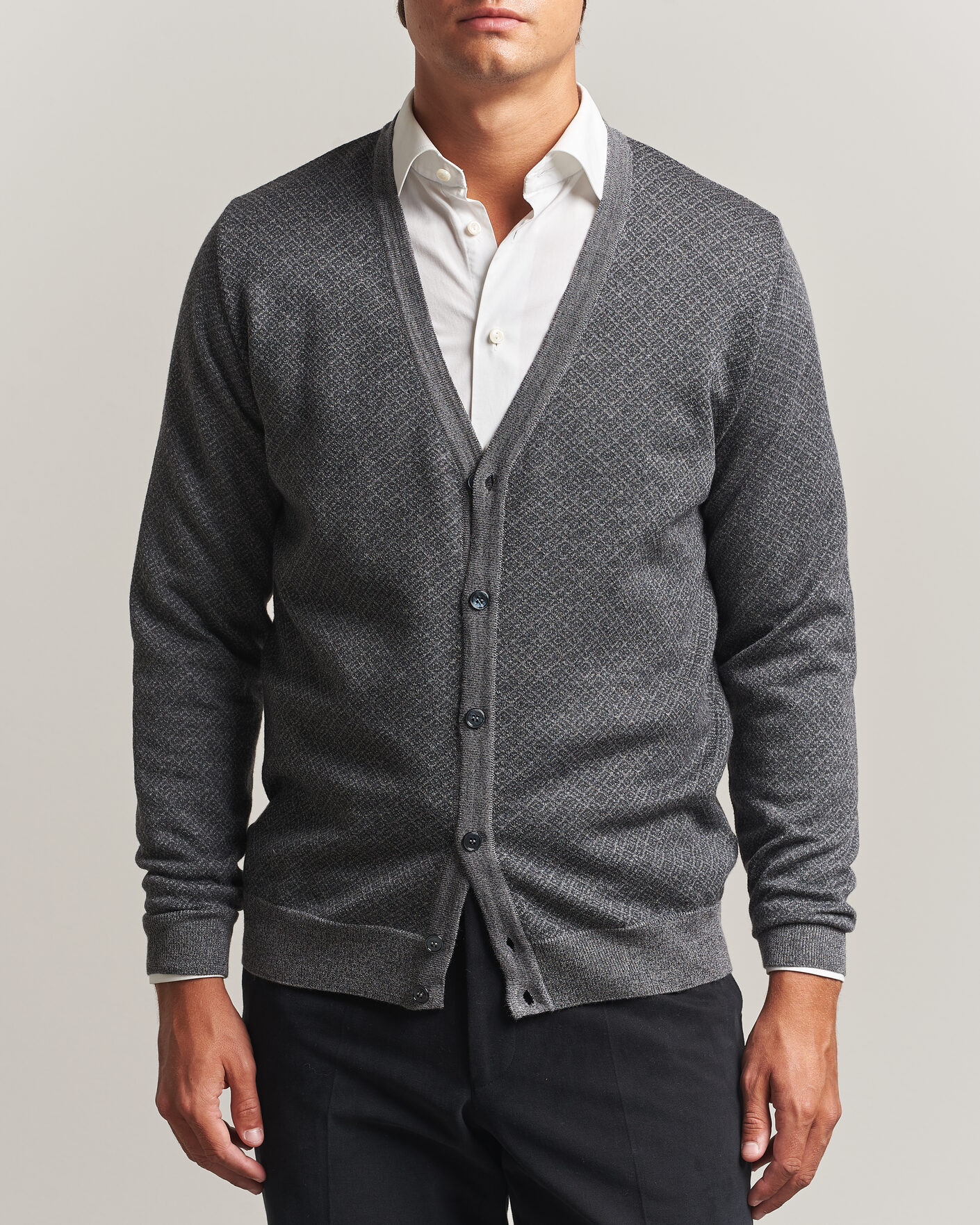 Men | Sweaters & Knitwear | Stenströms | Merino Jaquard Cardigan Dark Grey