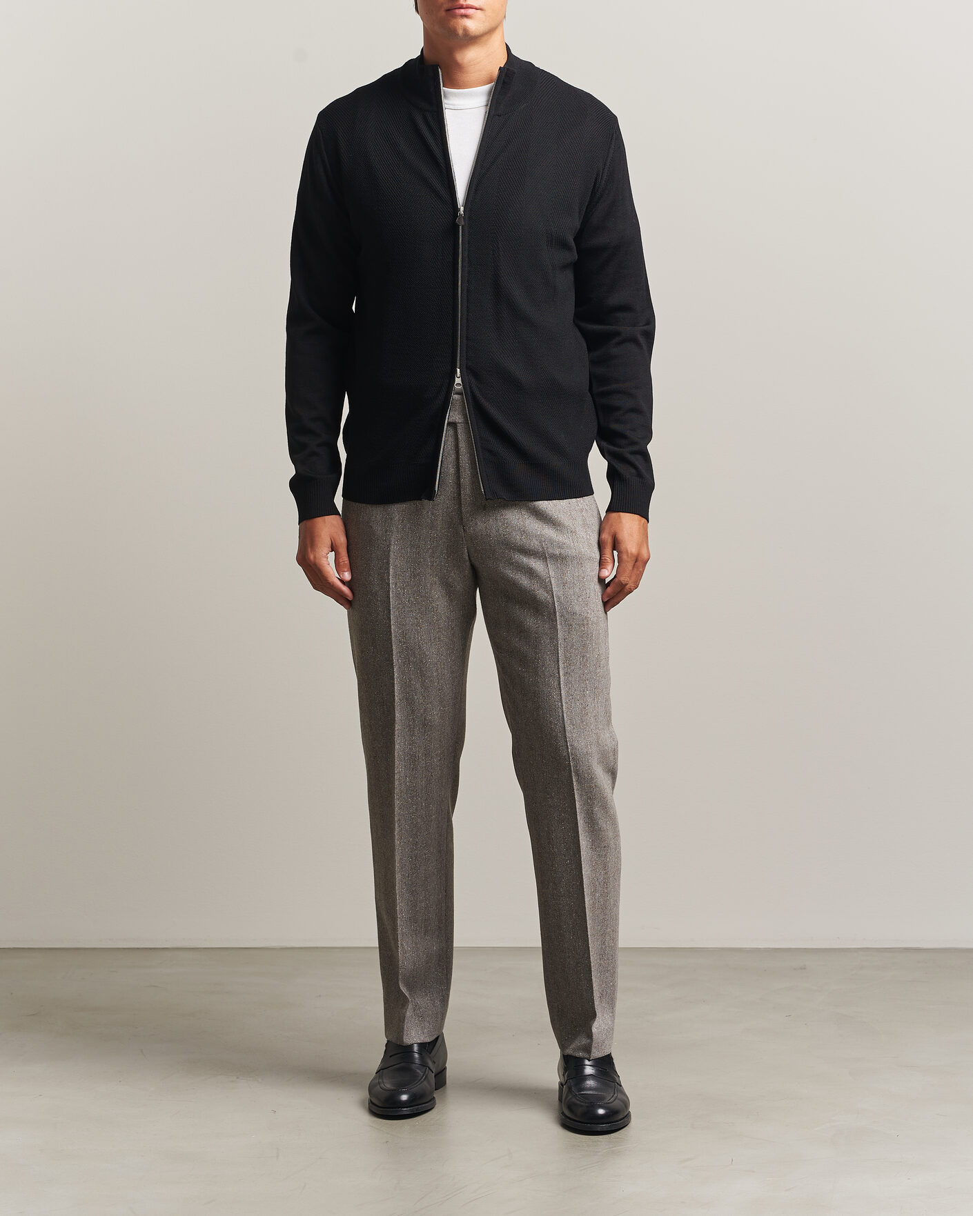 Men | Sweaters & Knitwear | Stenströms | Merino Herringbone Full Zip Black