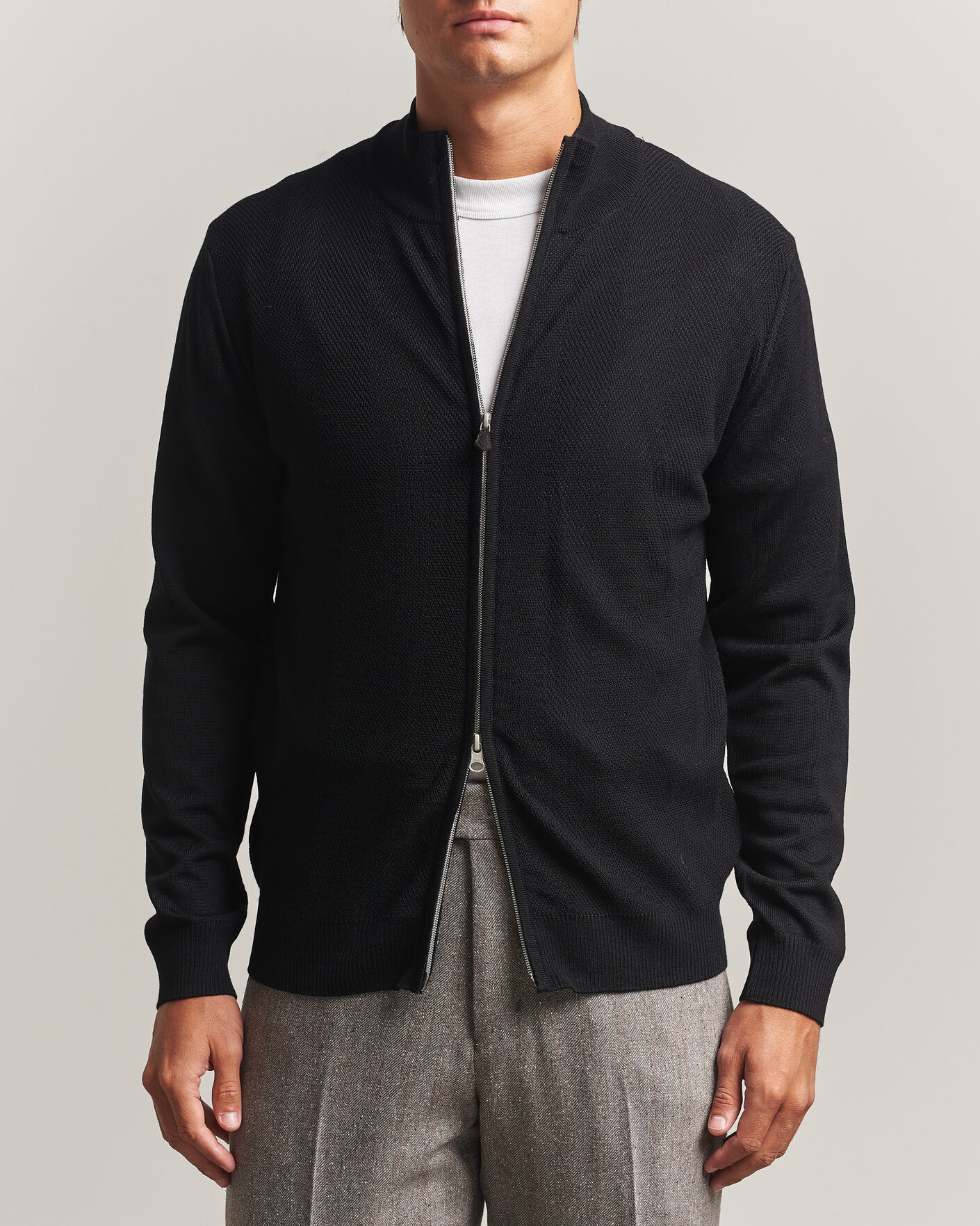 Men | Sweaters & Knitwear | Stenströms | Merino Herringbone Full Zip Black