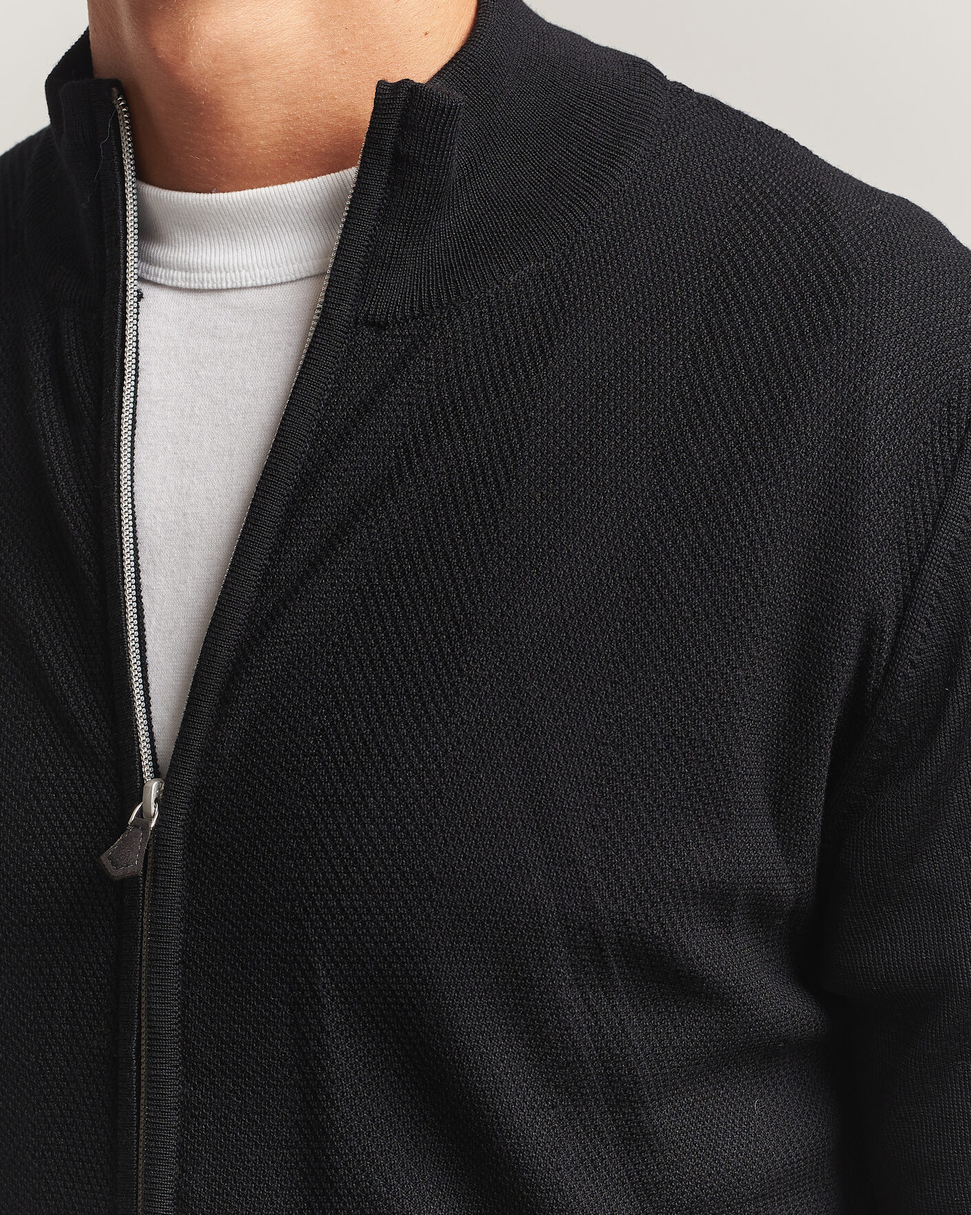 Men | Sweaters & Knitwear | Stenströms | Merino Herringbone Full Zip Black