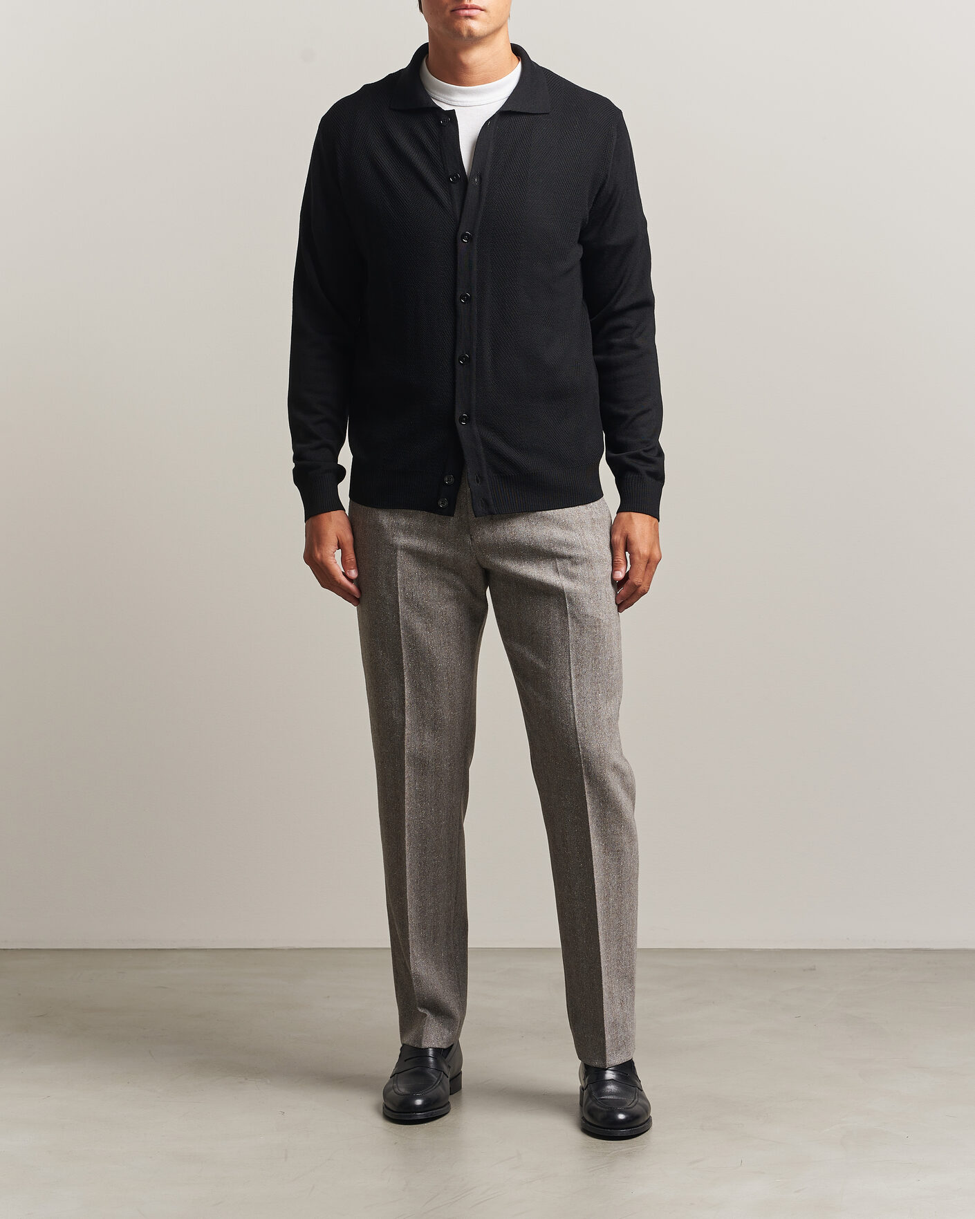 Men | Sweaters & Knitwear | Stenströms | Merino Herringbone Polo Cardigan Black