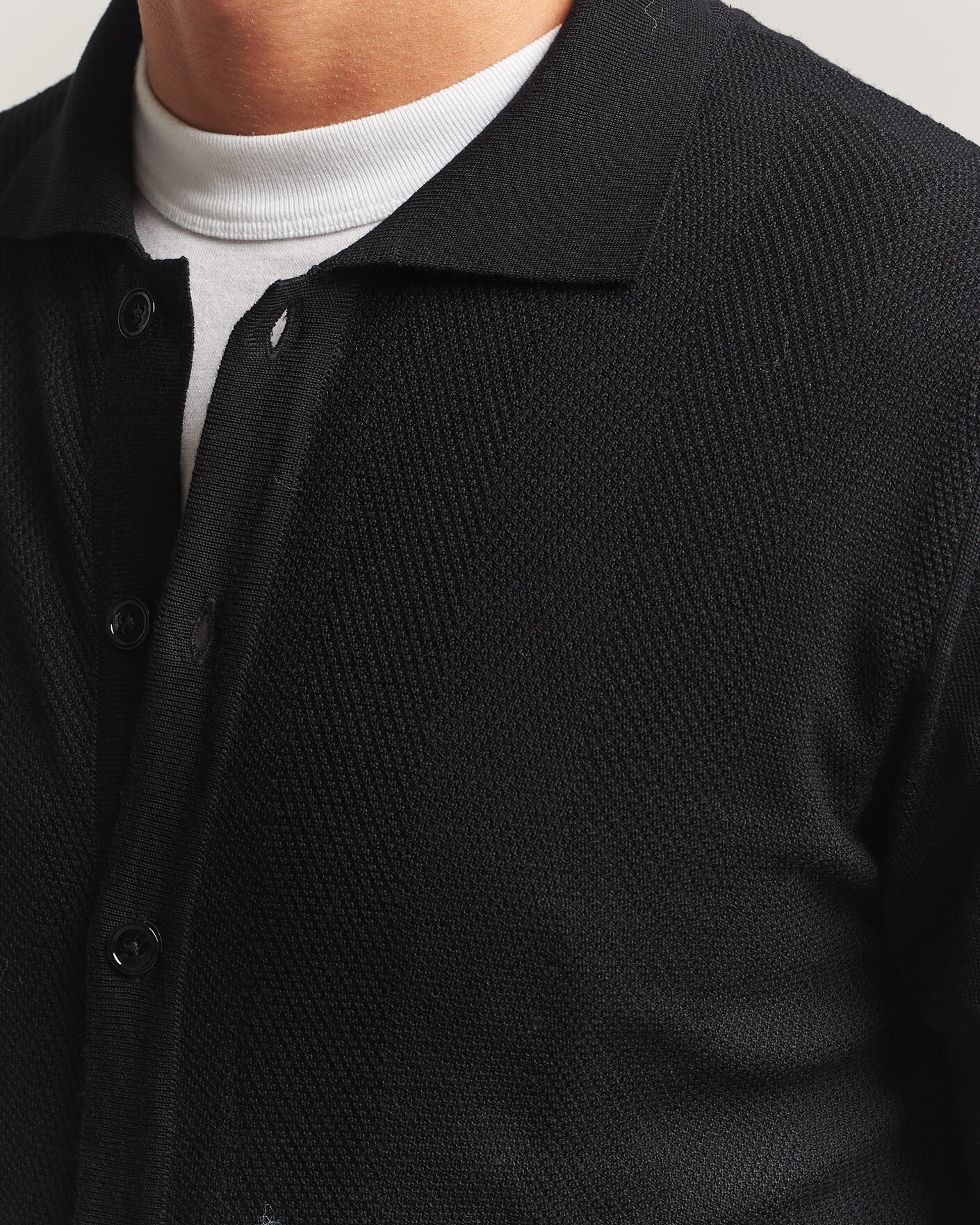 Men | Sweaters & Knitwear | Stenströms | Merino Herringbone Polo Cardigan Black