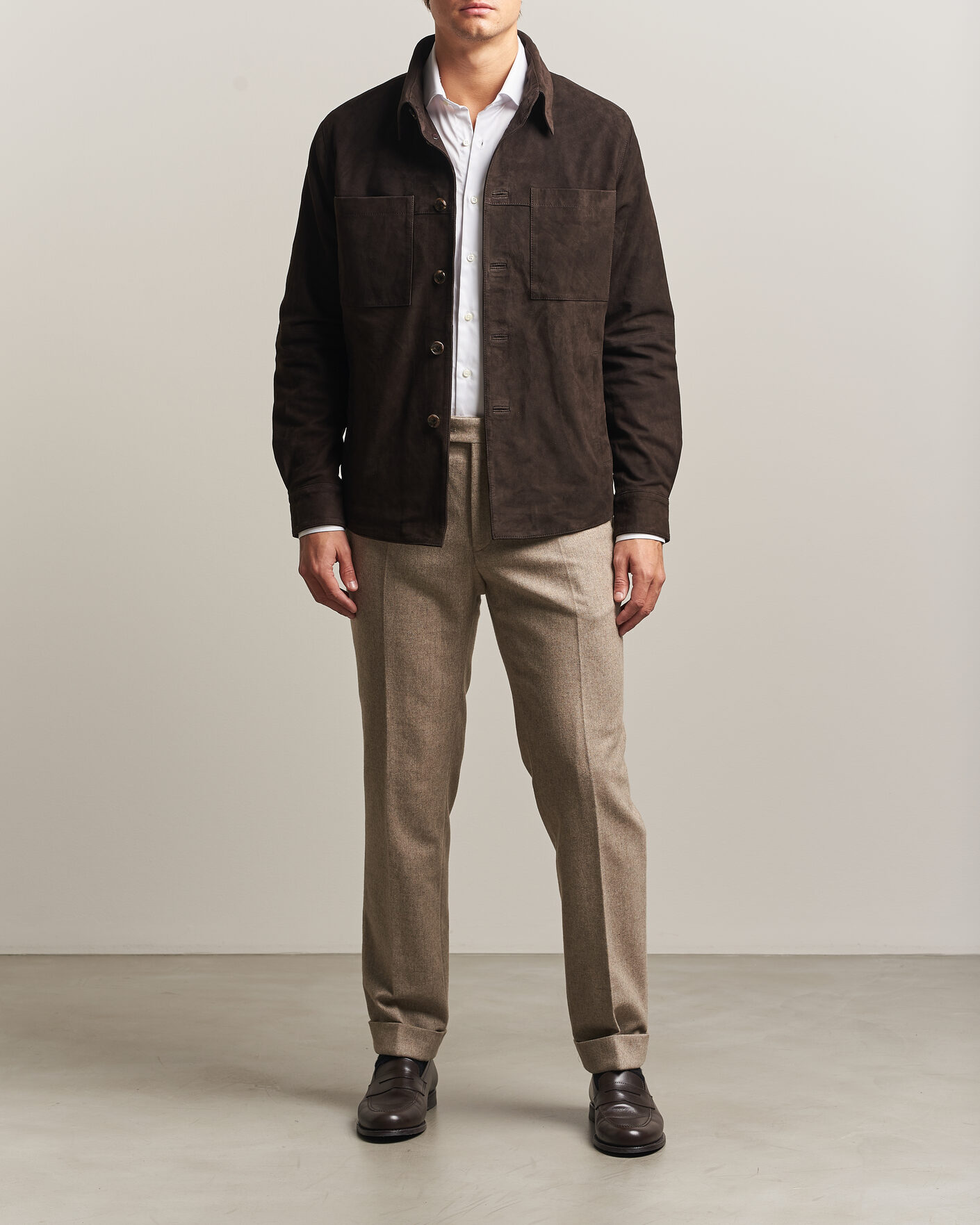 Men | Shirts | Stenströms | Goat Suede Overshirt Dark Brown