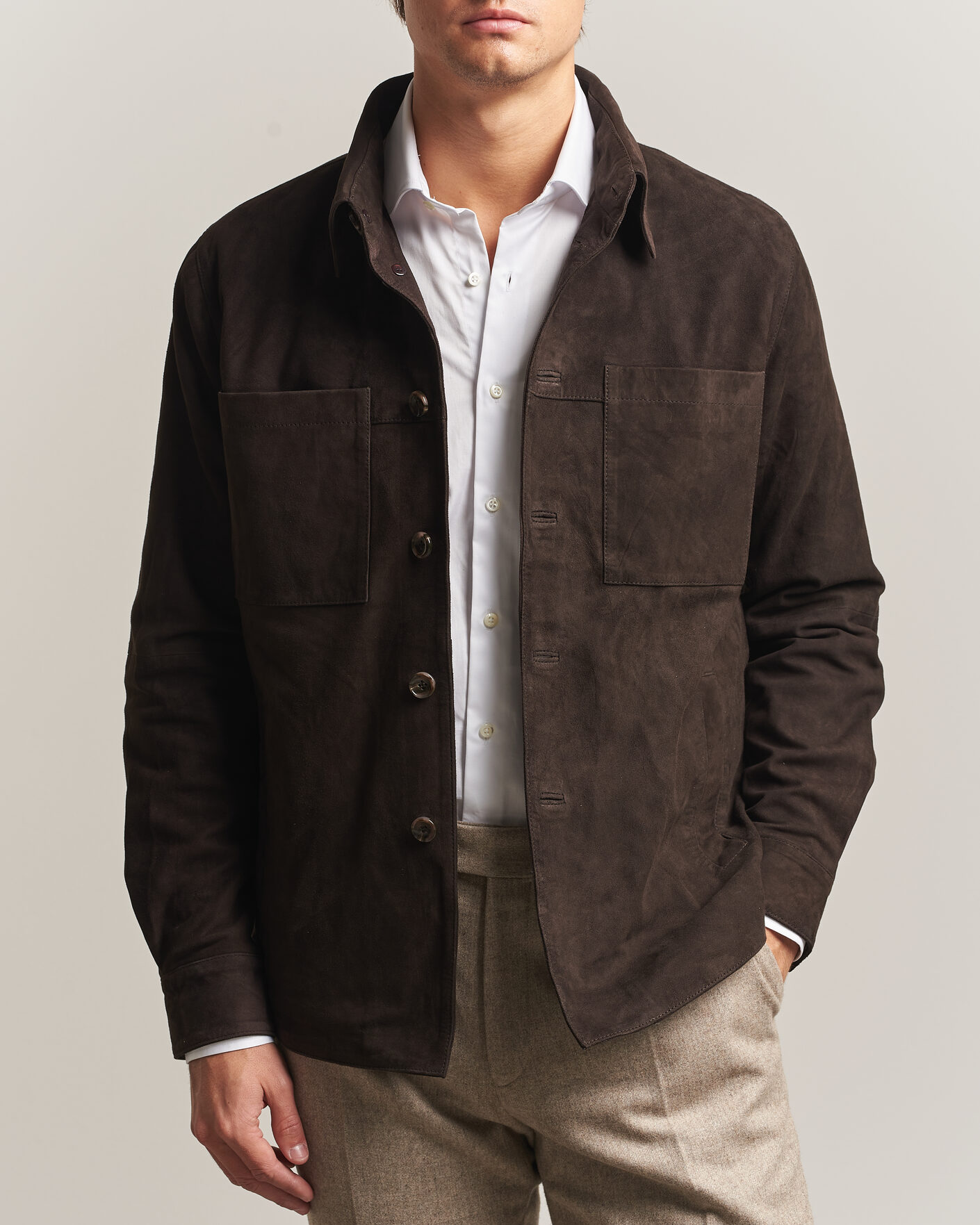 Men | Shirts | Stenströms | Goat Suede Overshirt Dark Brown